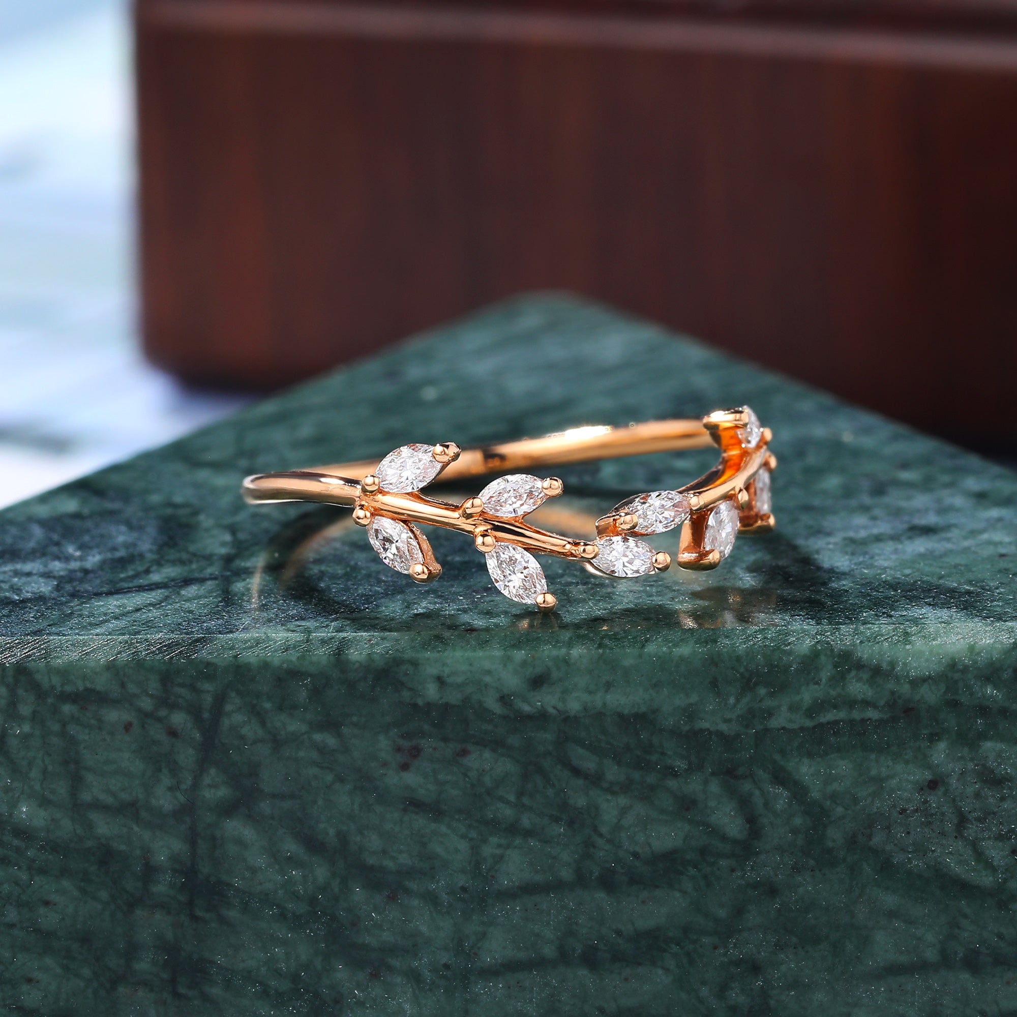 Marquise cut Diamond wedding band. vintage rose gold ring unique  anniversary promise bridal ring.