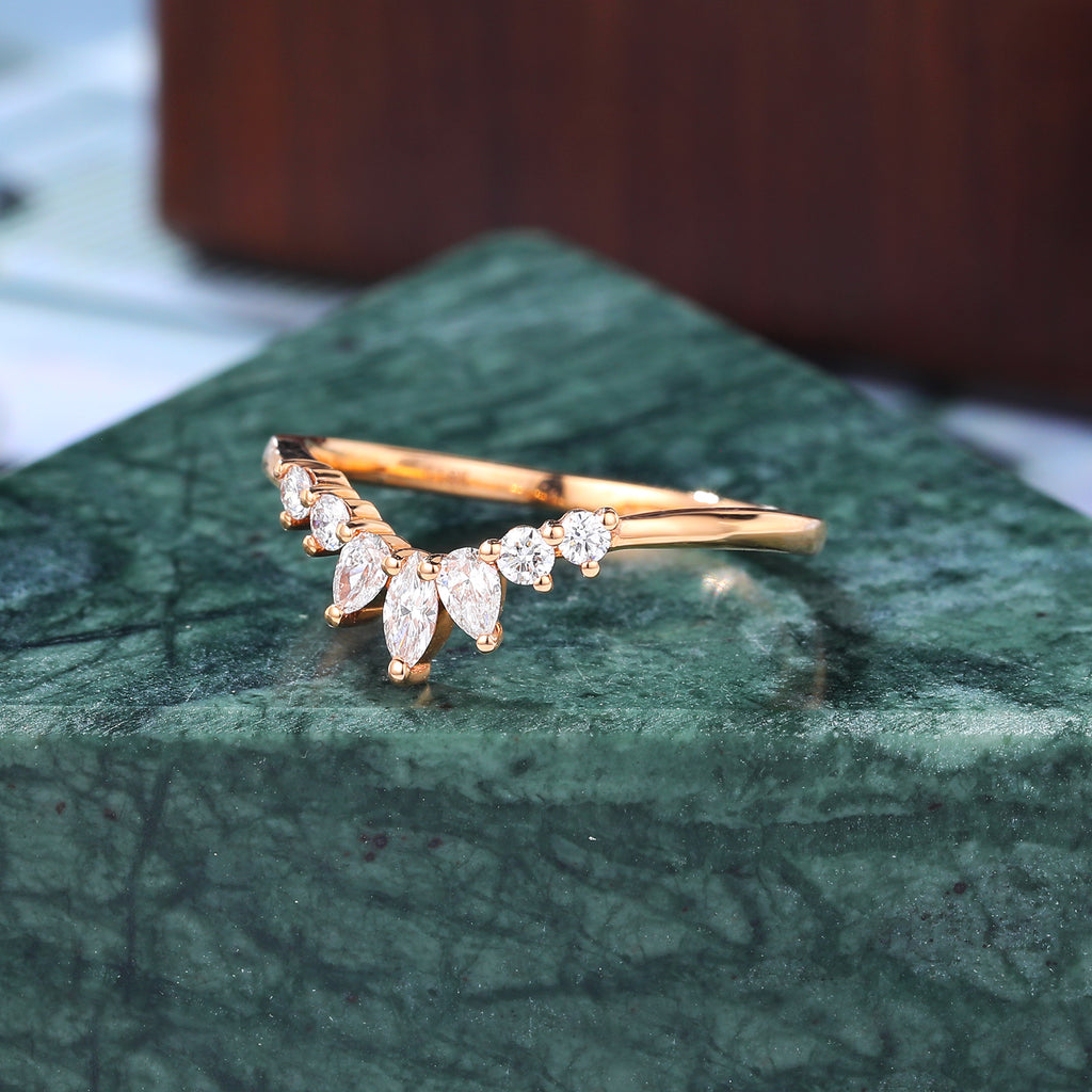 Curved Diamond wedding band women vintage rose gold ring unique Marquise S925/10K/14K/18K gold