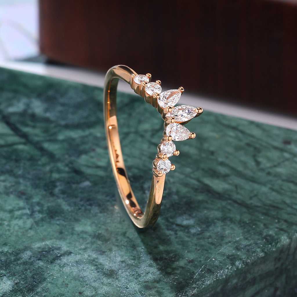 Curved Diamond wedding band women vintage rose gold ring unique Marquise S925/10K/14K/18K gold