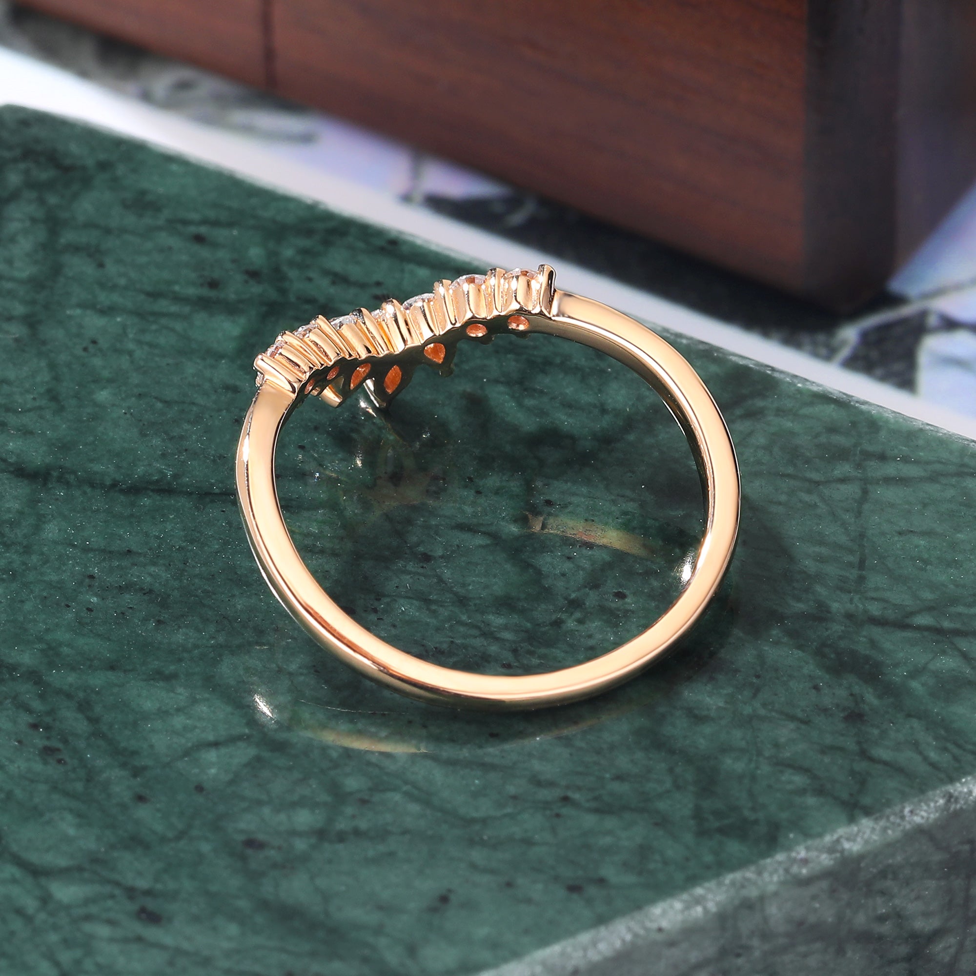 Curved Diamond wedding band women vintage rose gold ring unique Marquise S925/10K/14K/18K gold