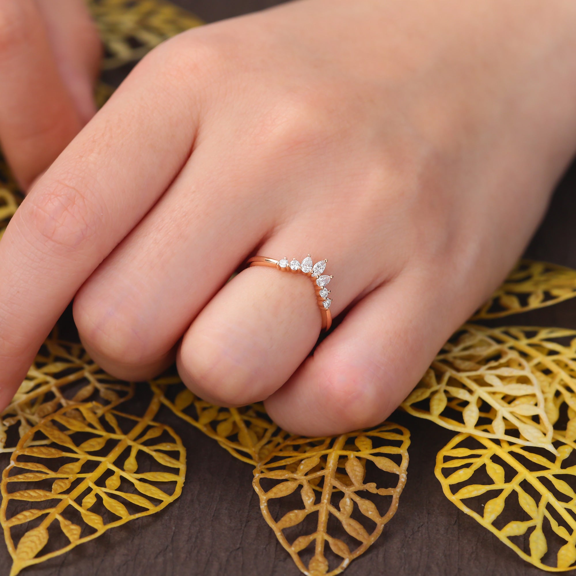 Curved Diamond wedding band women vintage rose gold ring unique Marquise S925/10K/14K/18K gold