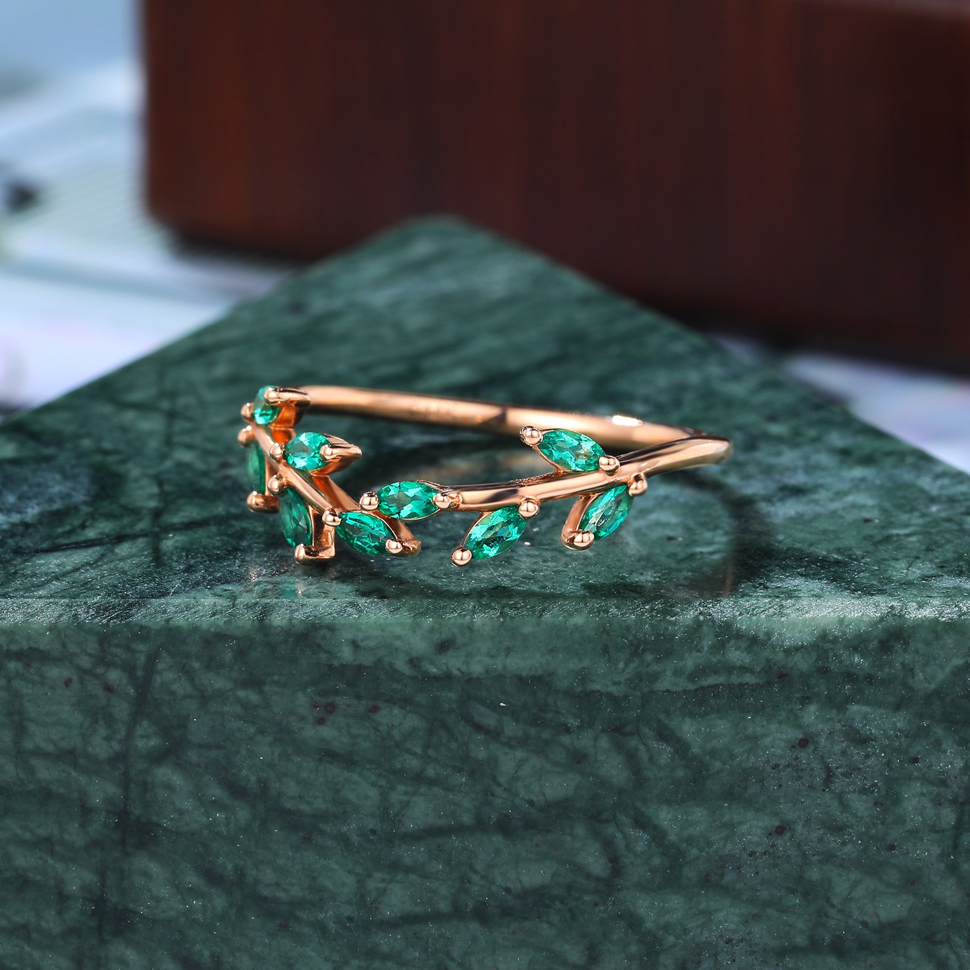 Rose gold wedding band women Lab emerald wedding ring 10k/14k/18k