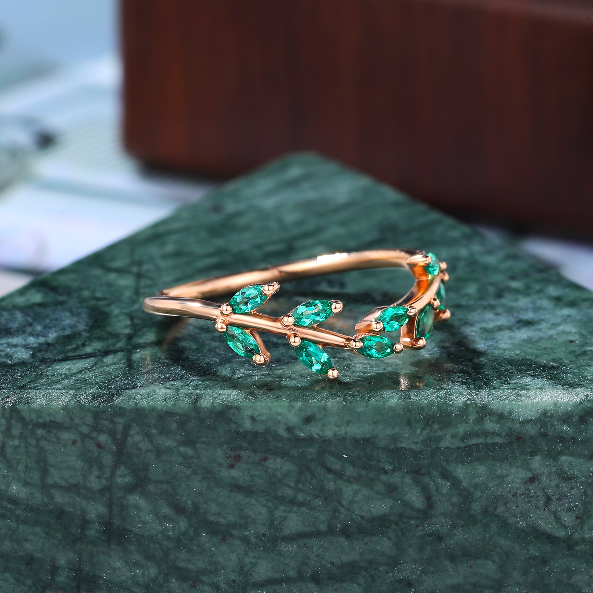 Rose gold wedding band women Lab emerald wedding ring 10k/14k/18k