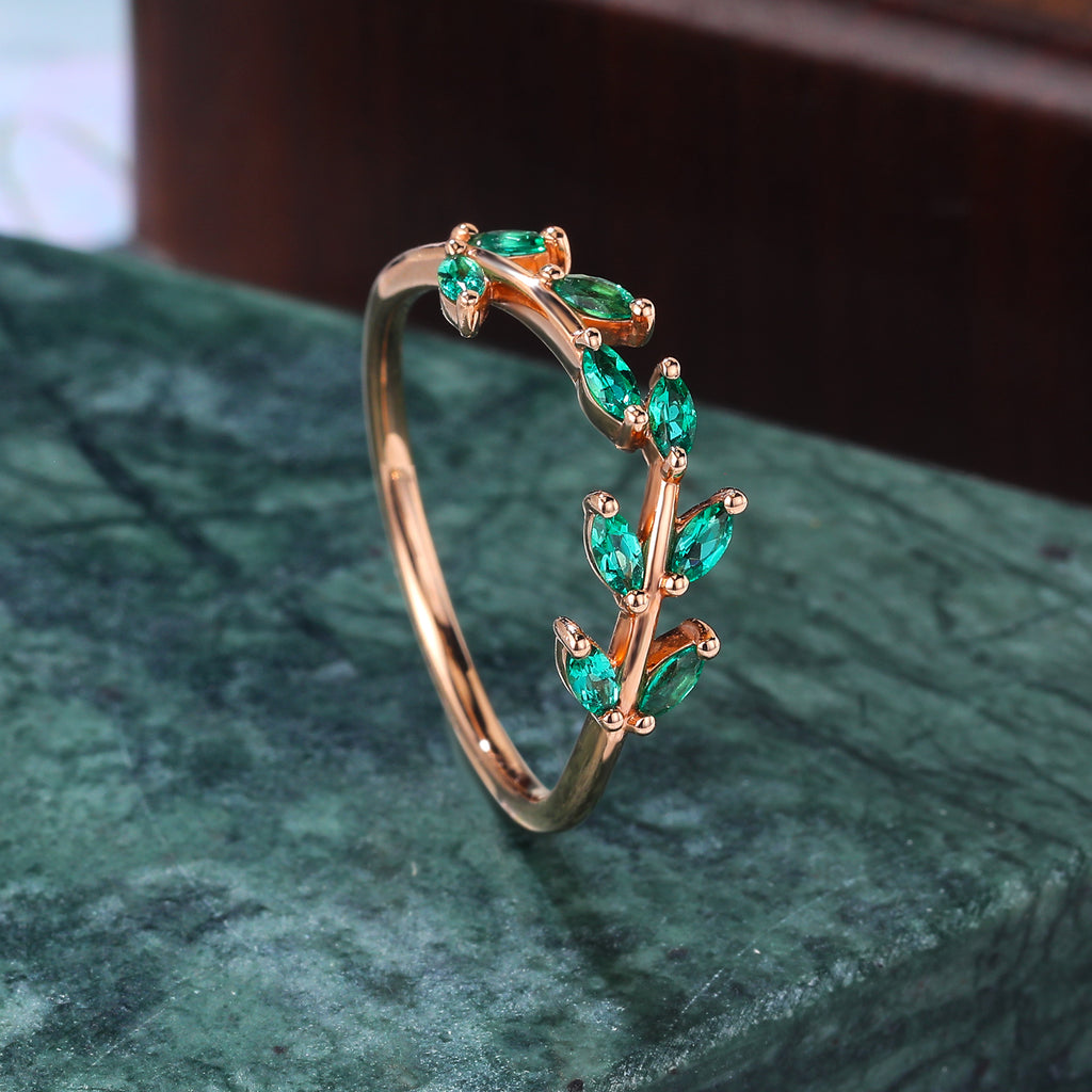 Rose gold wedding band women Lab emerald wedding ring 10k/14k/18k