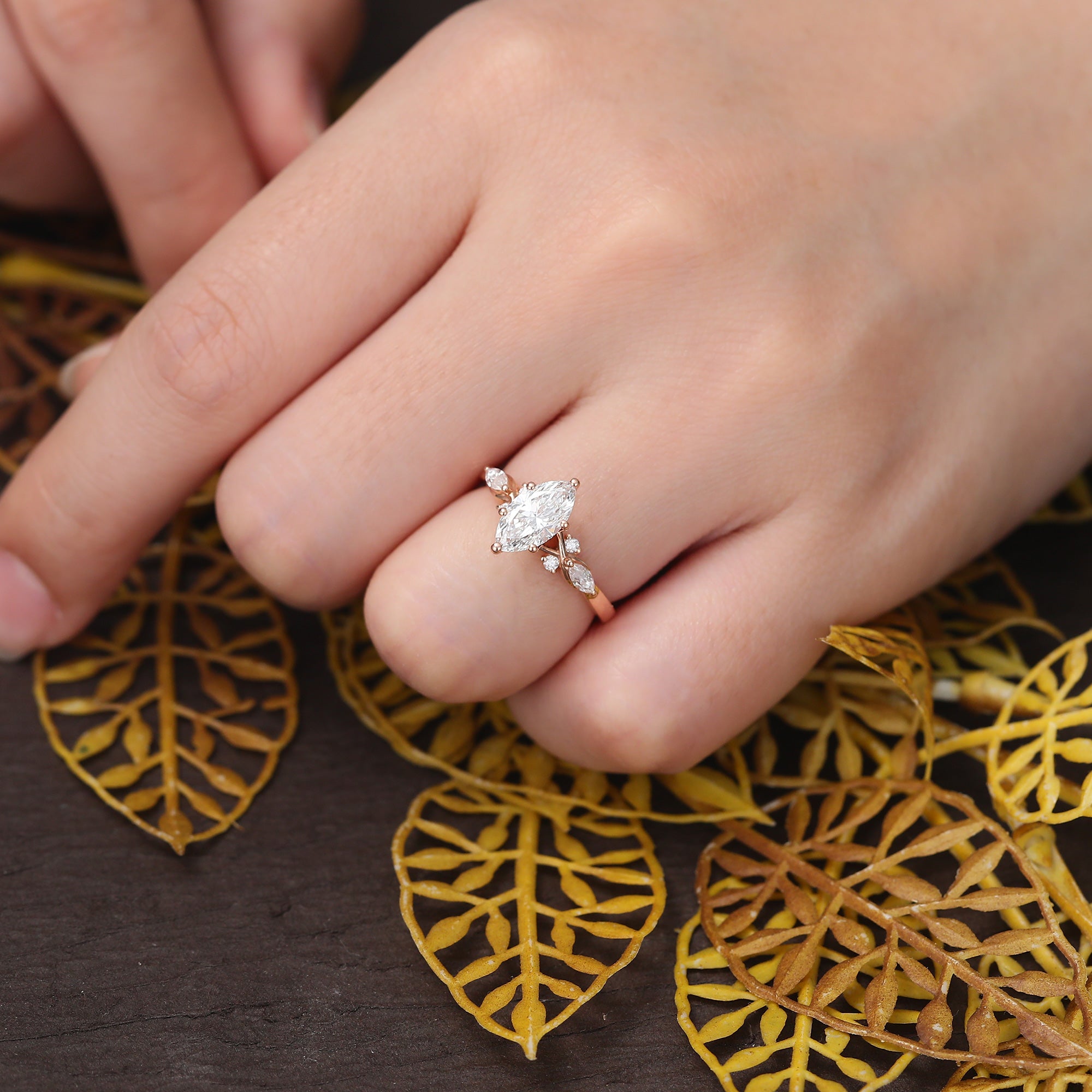 Marquise Lab grown diamond engagement ring .vintage rose gold ring unique lab diamond ring prong set anniversary promise bridal ring .