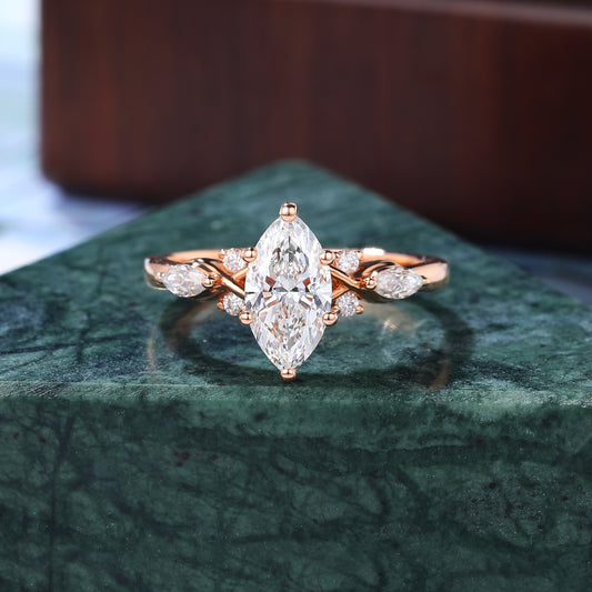 Unique Marquise cut moissanite engagement ring .rose /yellow/white gold