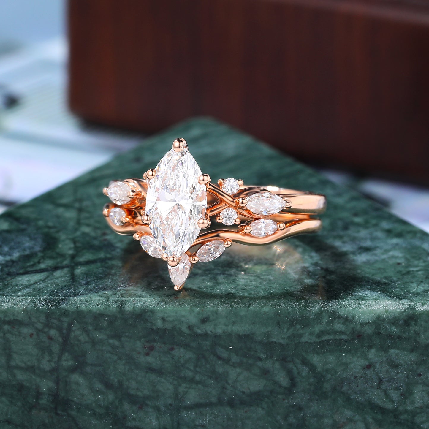 Unique Vintage 1.0CT Marquise cut Lab grown Diamond Engagement Ring Set  Cluster  Rose white/yellow/Gold Bridal Wedding band