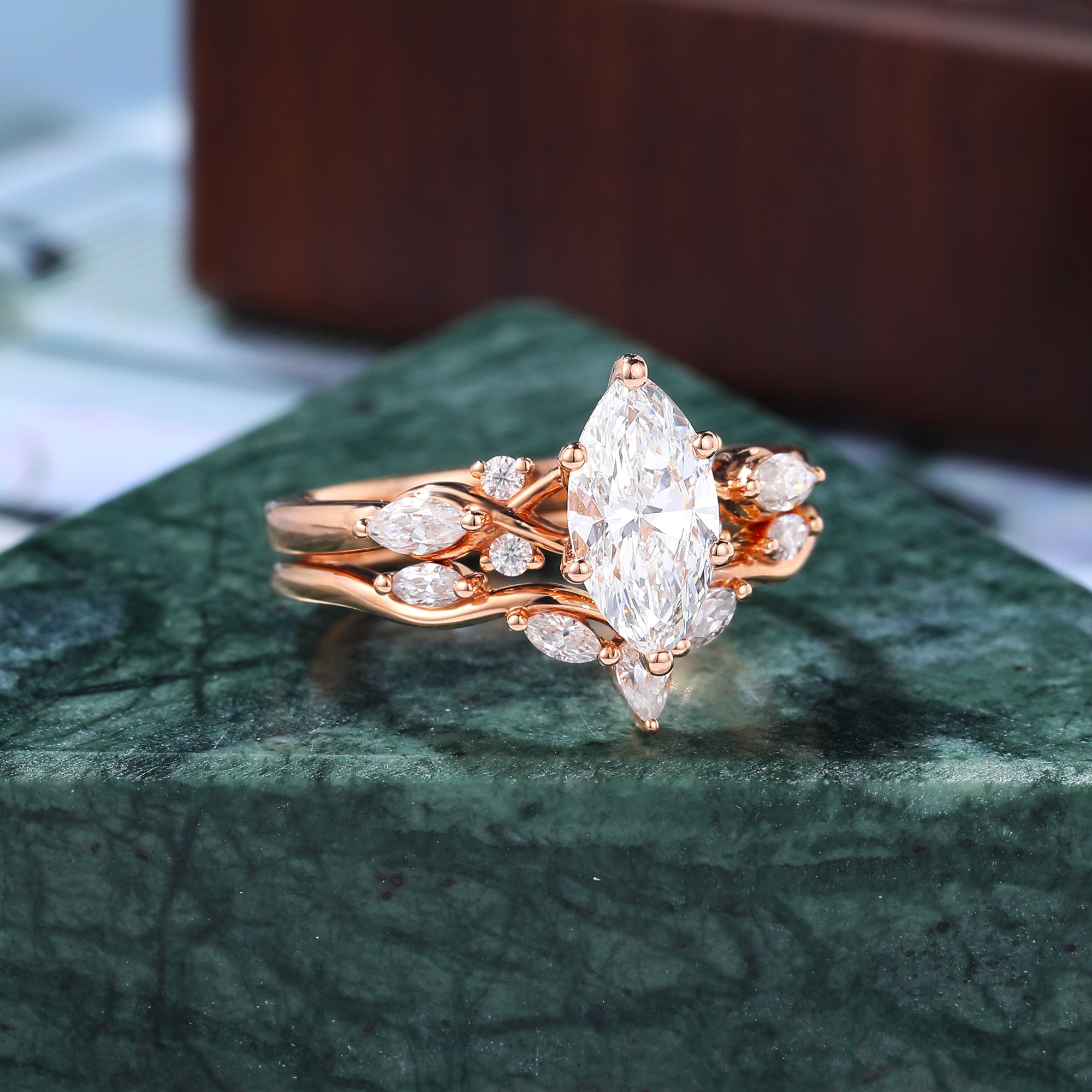 Unique Vintage 1.0CT Marquise cut Lab grown Diamond Engagement Ring Set  Cluster  Rose white/yellow/Gold Bridal Wedding band