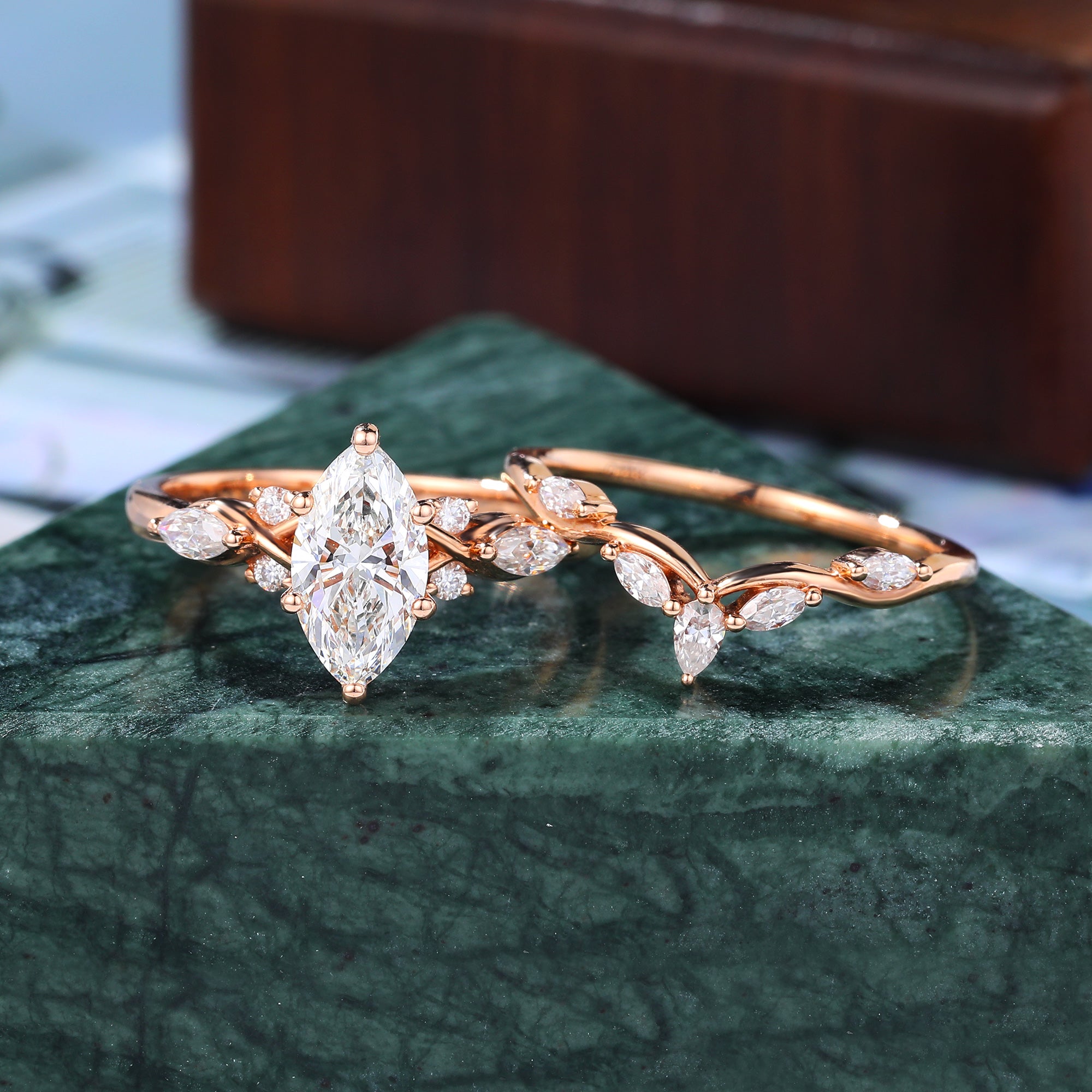 Unique Vintage 1.0CT Marquise cut Lab grown Diamond Engagement Ring Set  Cluster  Rose white/yellow/Gold Bridal Wedding band