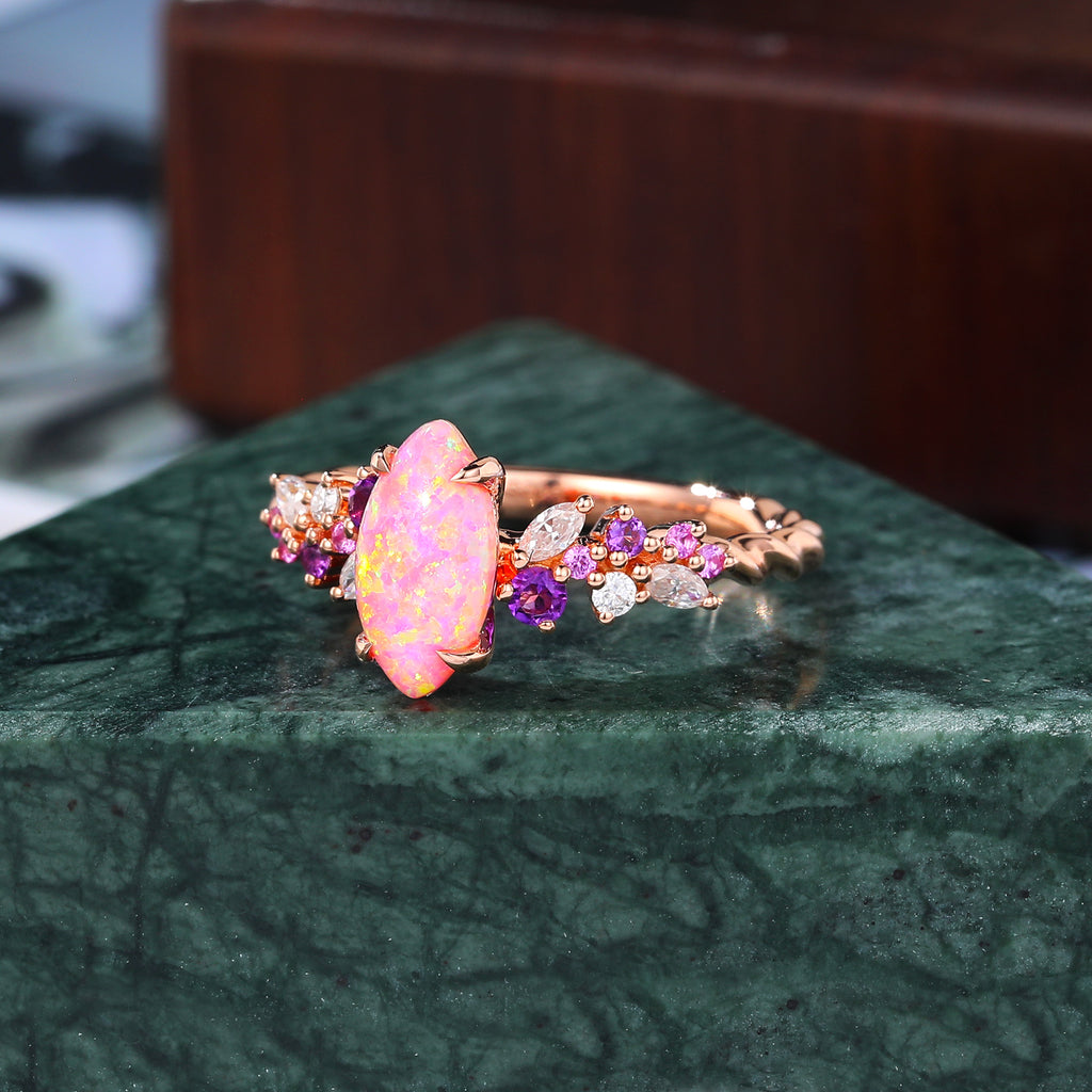 Marquise cut Lab Pink Opal engagement ring S925/10k/14k/18k gold , unique Bridal ring rose/white/yellow gold ring