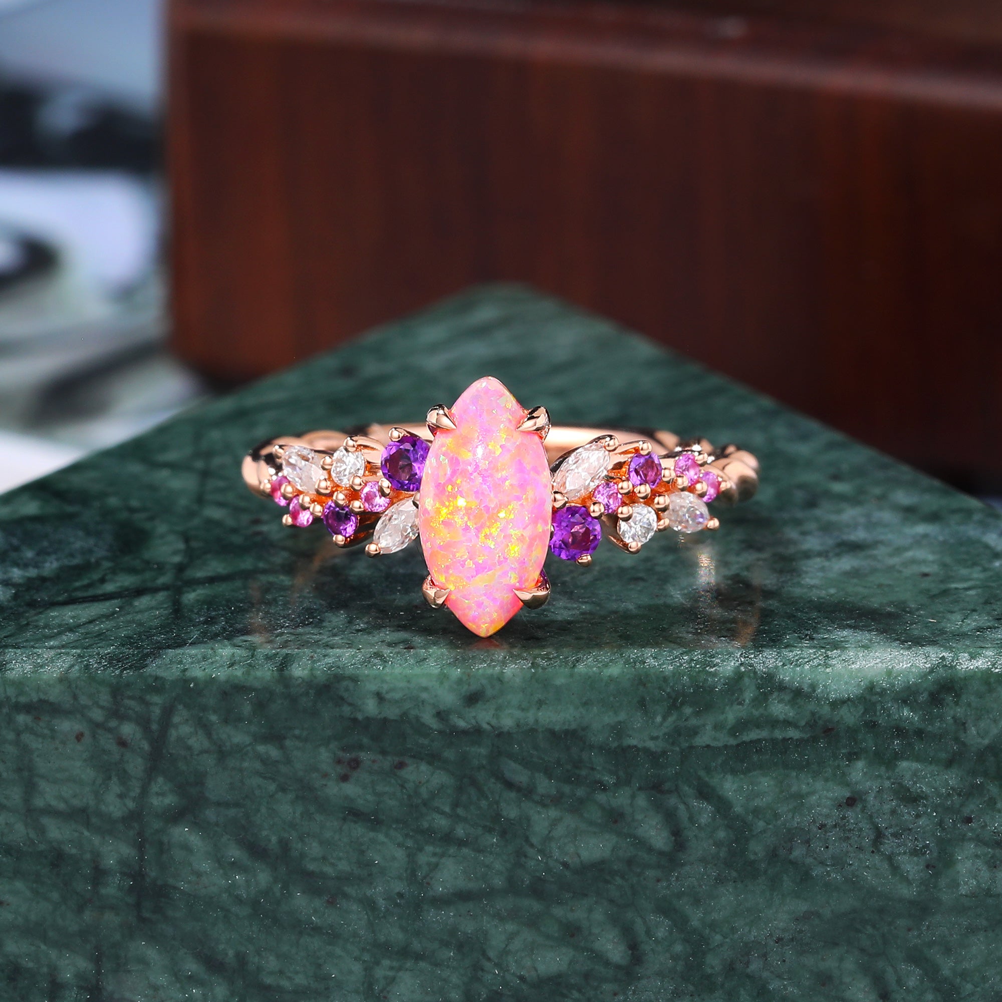Marquise cut Lab Pink Opal engagement ring S925/10k/14k/18k gold , unique Bridal ring rose/white/yellow gold ring