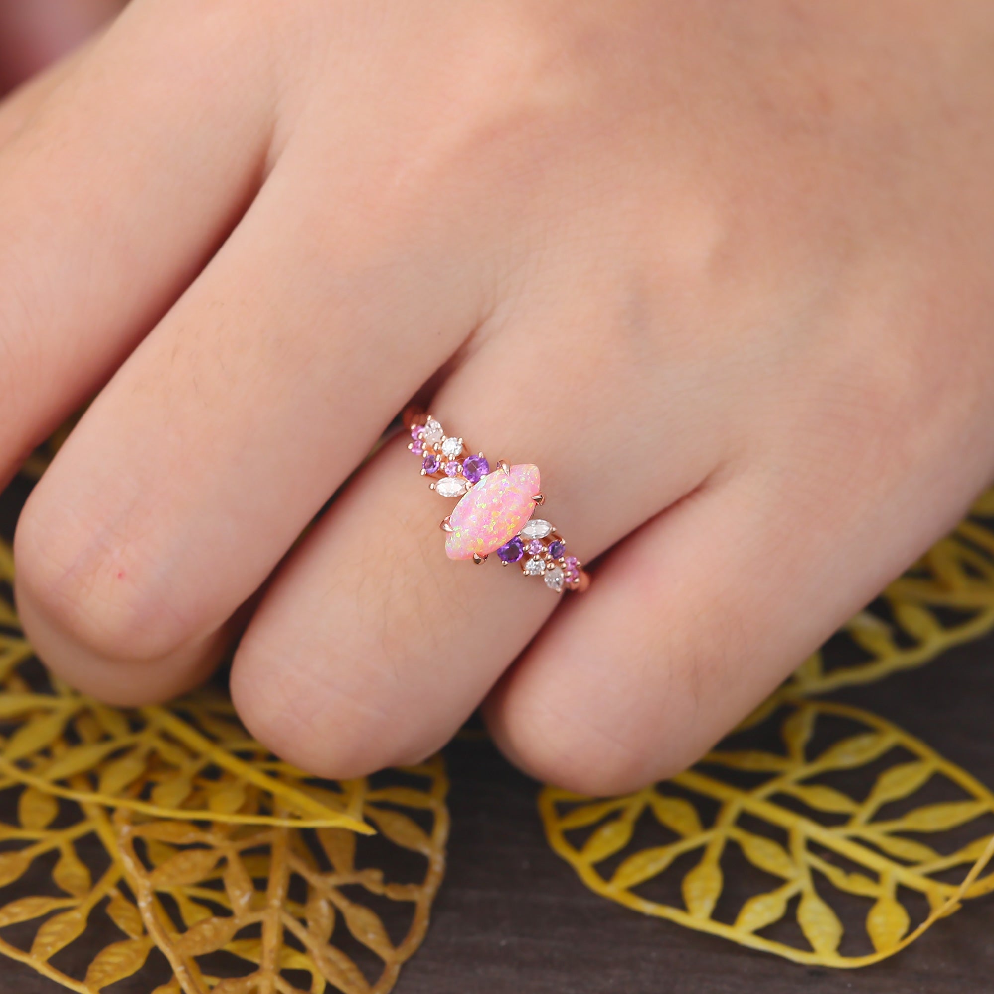 Marquise cut Lab Pink Opal engagement ring S925/10k/14k/18k gold , unique Bridal ring rose/white/yellow gold ring