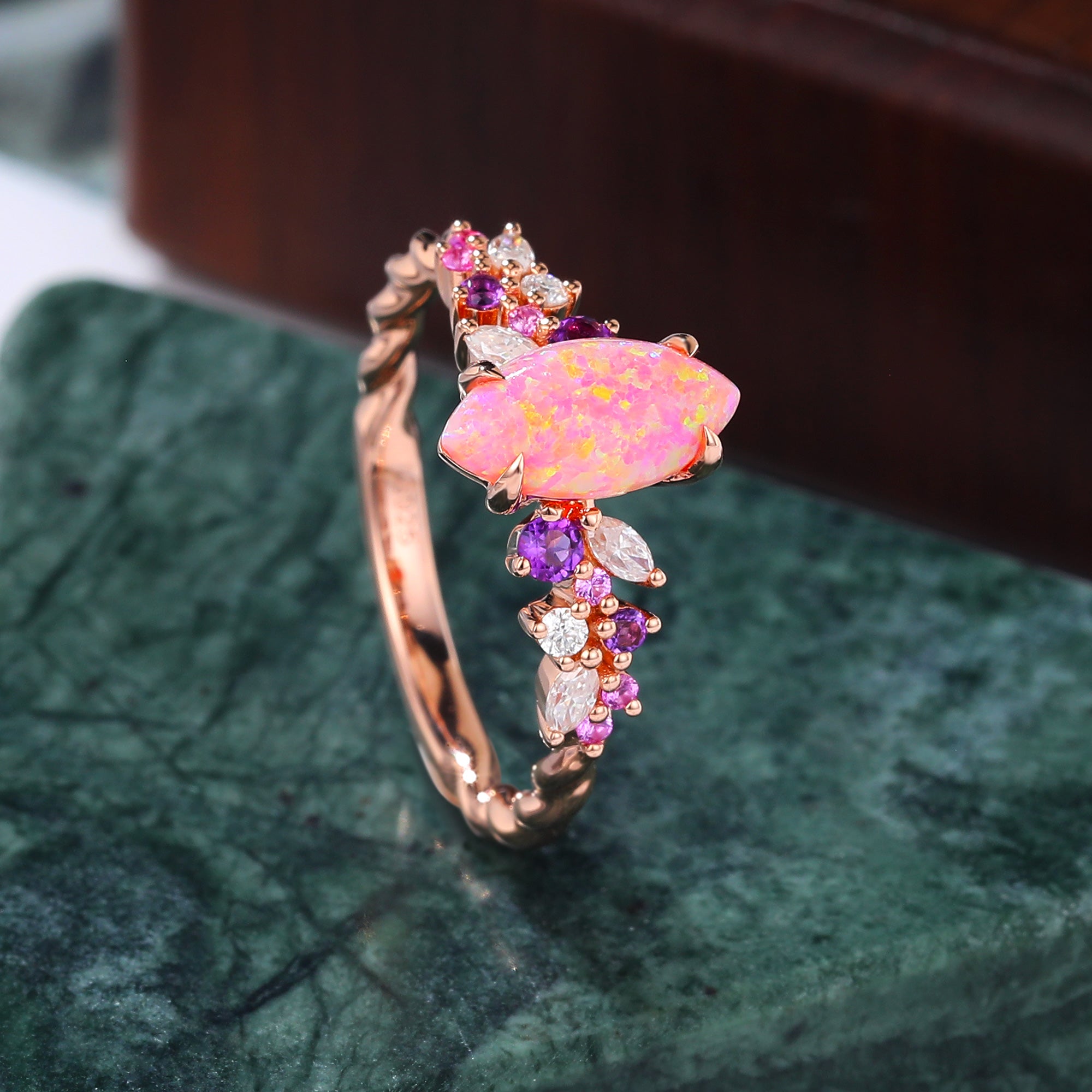 Marquise cut Lab Pink Opal engagement ring S925/10k/14k/18k gold , unique Bridal ring rose/white/yellow gold ring