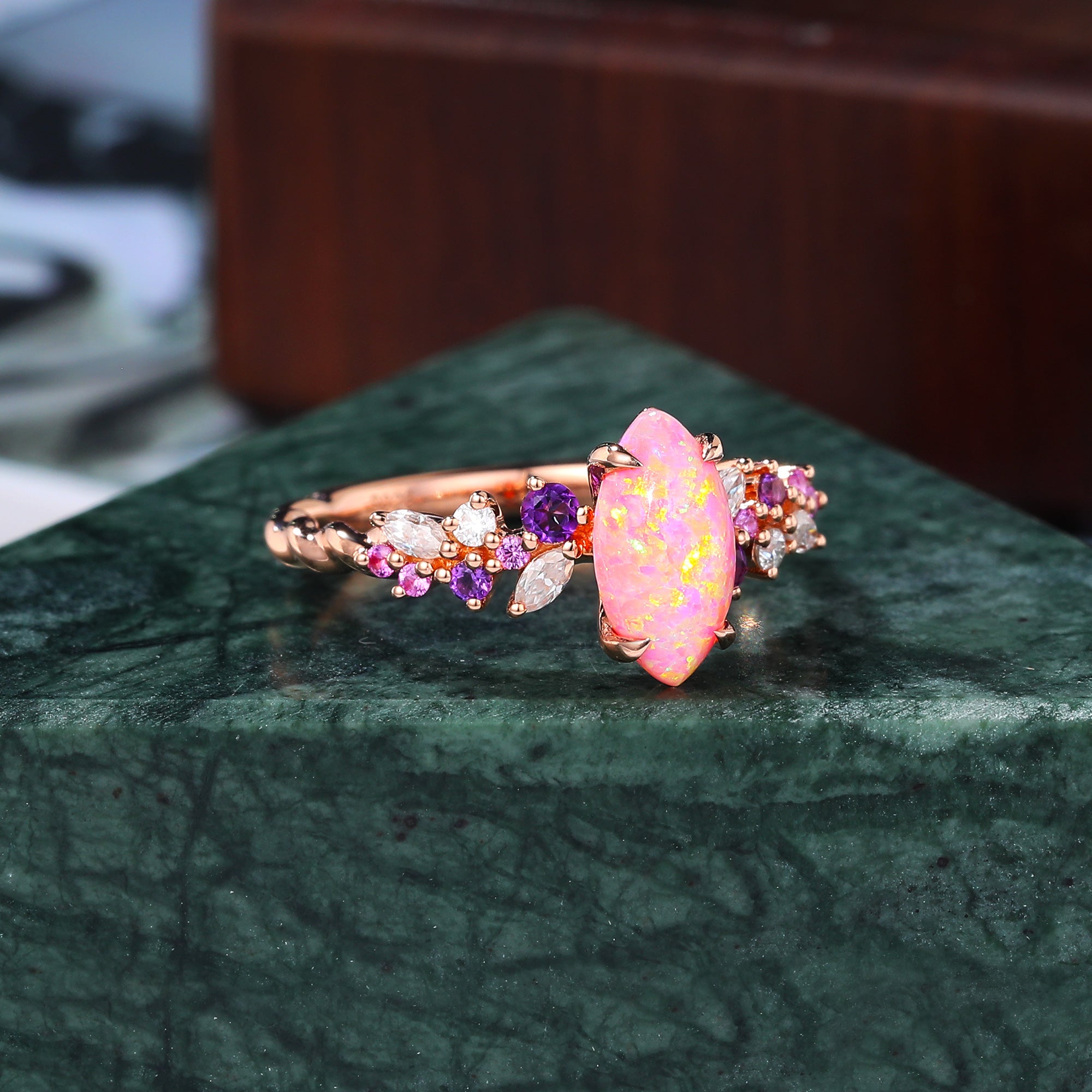 Marquise cut Lab Pink Opal engagement ring S925/10k/14k/18k gold , unique Bridal ring rose/white/yellow gold ring
