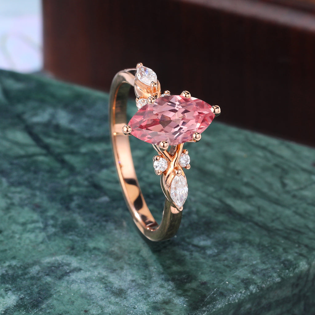 Marquise cut Lab Pink Sapphire engagement ring S925/10k/14k/18k gold.