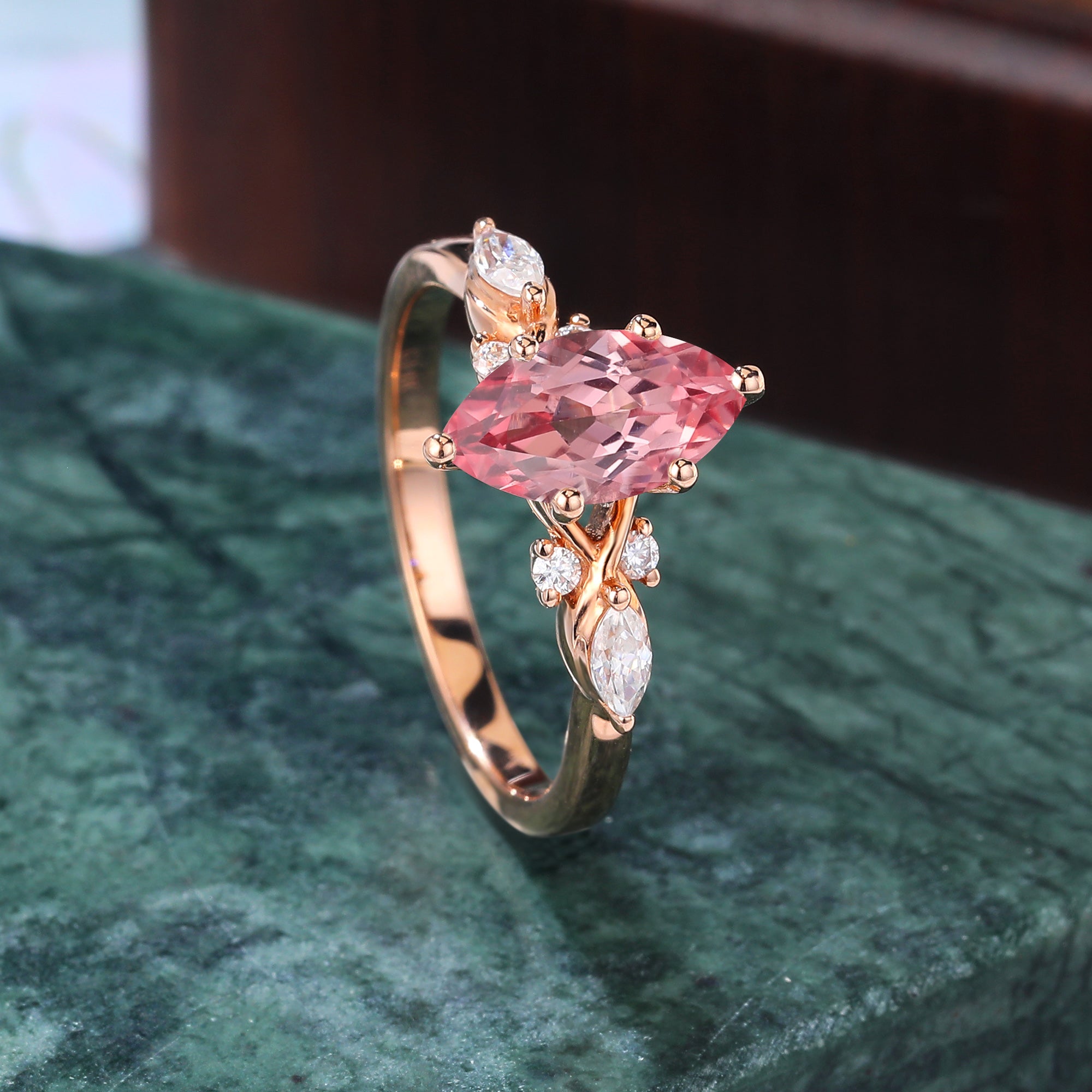 Marquise cut Lab Pink Sapphire engagement ring S925/10k/14k/18k gold.
