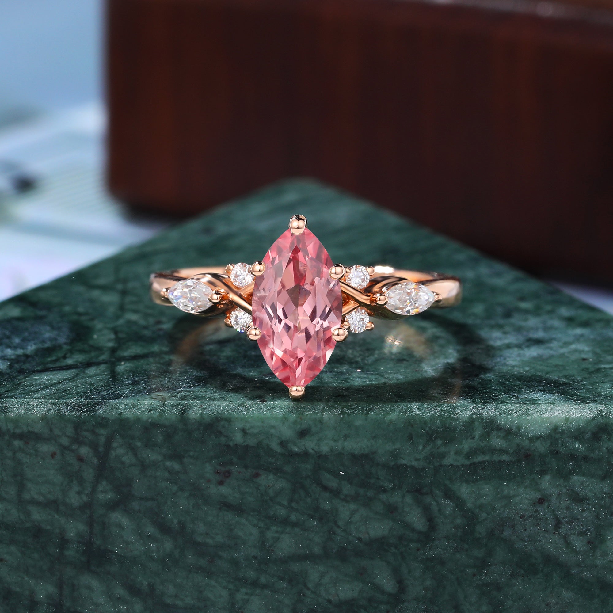 Marquise cut Lab Pink Sapphire engagement ring S925/10k/14k/18k gold.