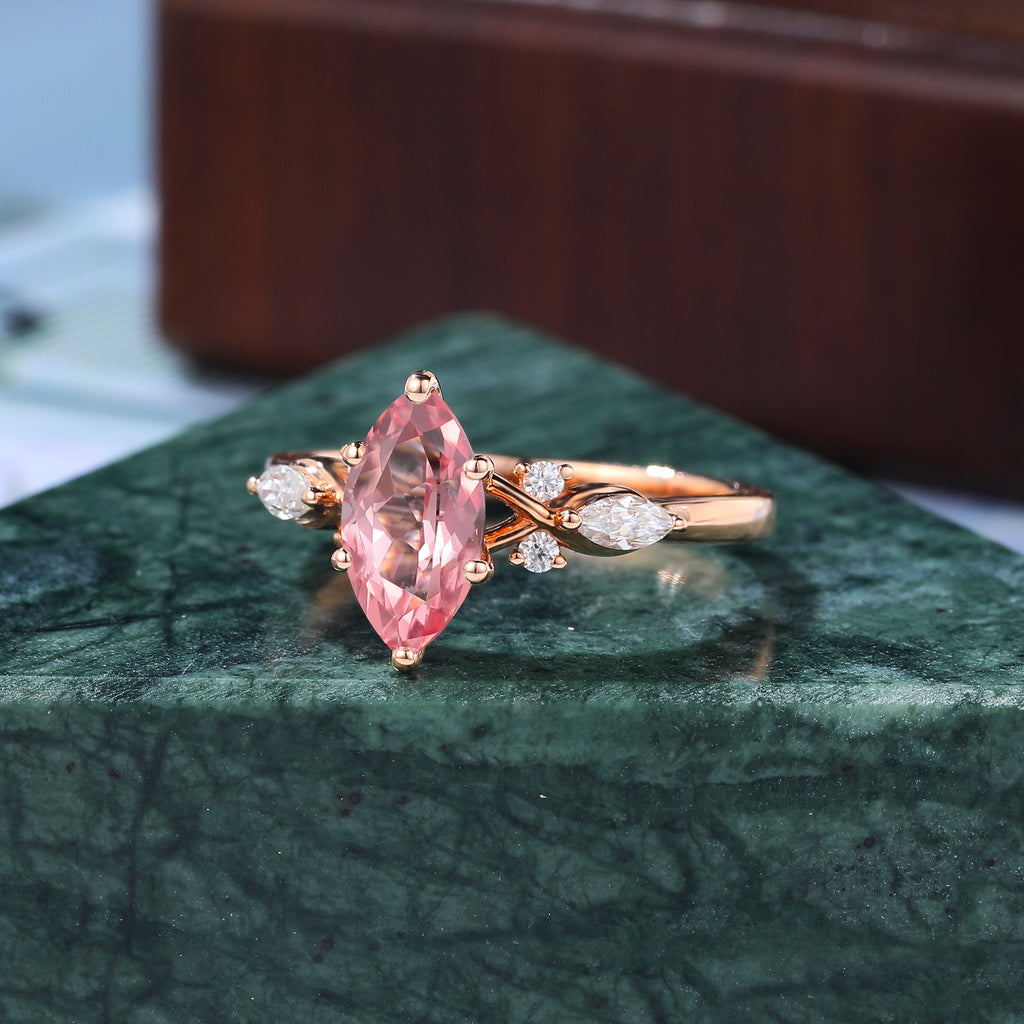 Marquise cut Lab Pink Sapphire engagement ring S925/10k/14k/18k gold.