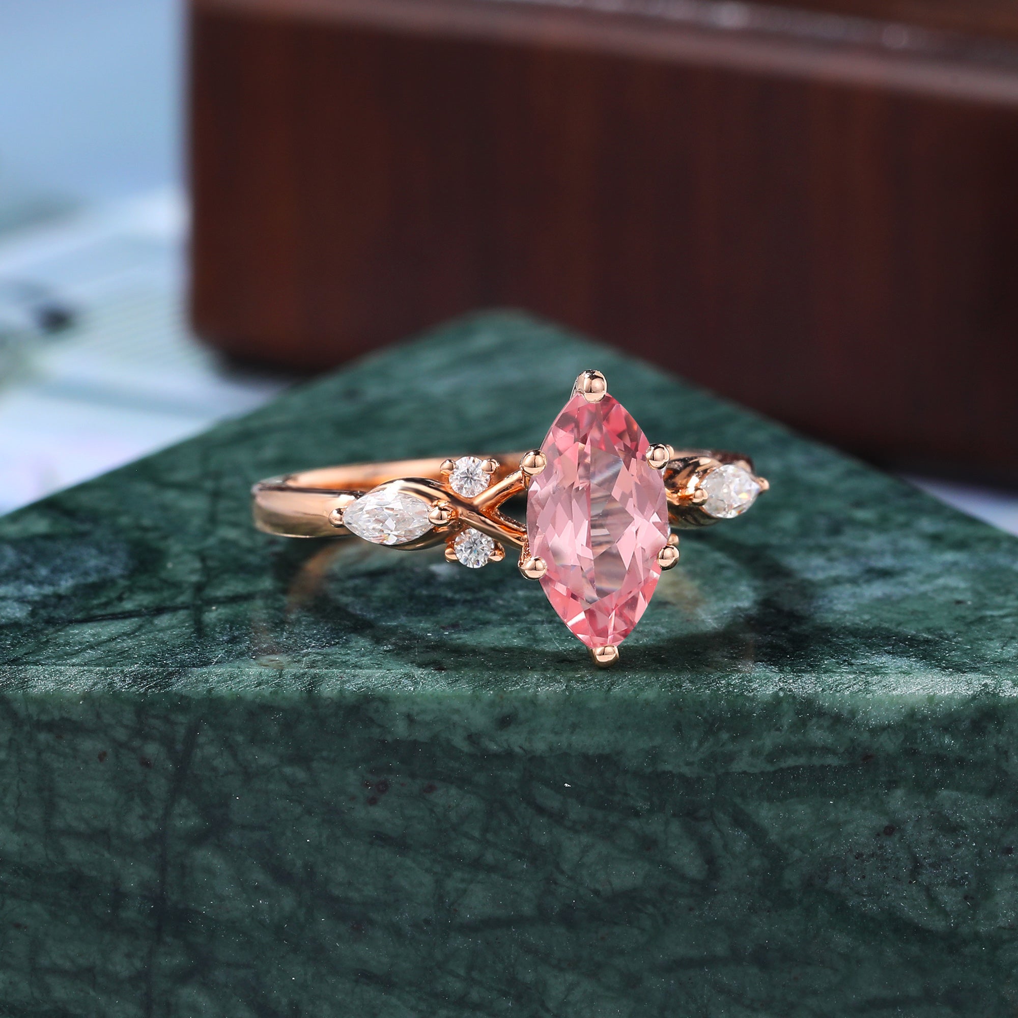 Marquise cut Lab Pink Sapphire engagement ring S925/10k/14k/18k gold.