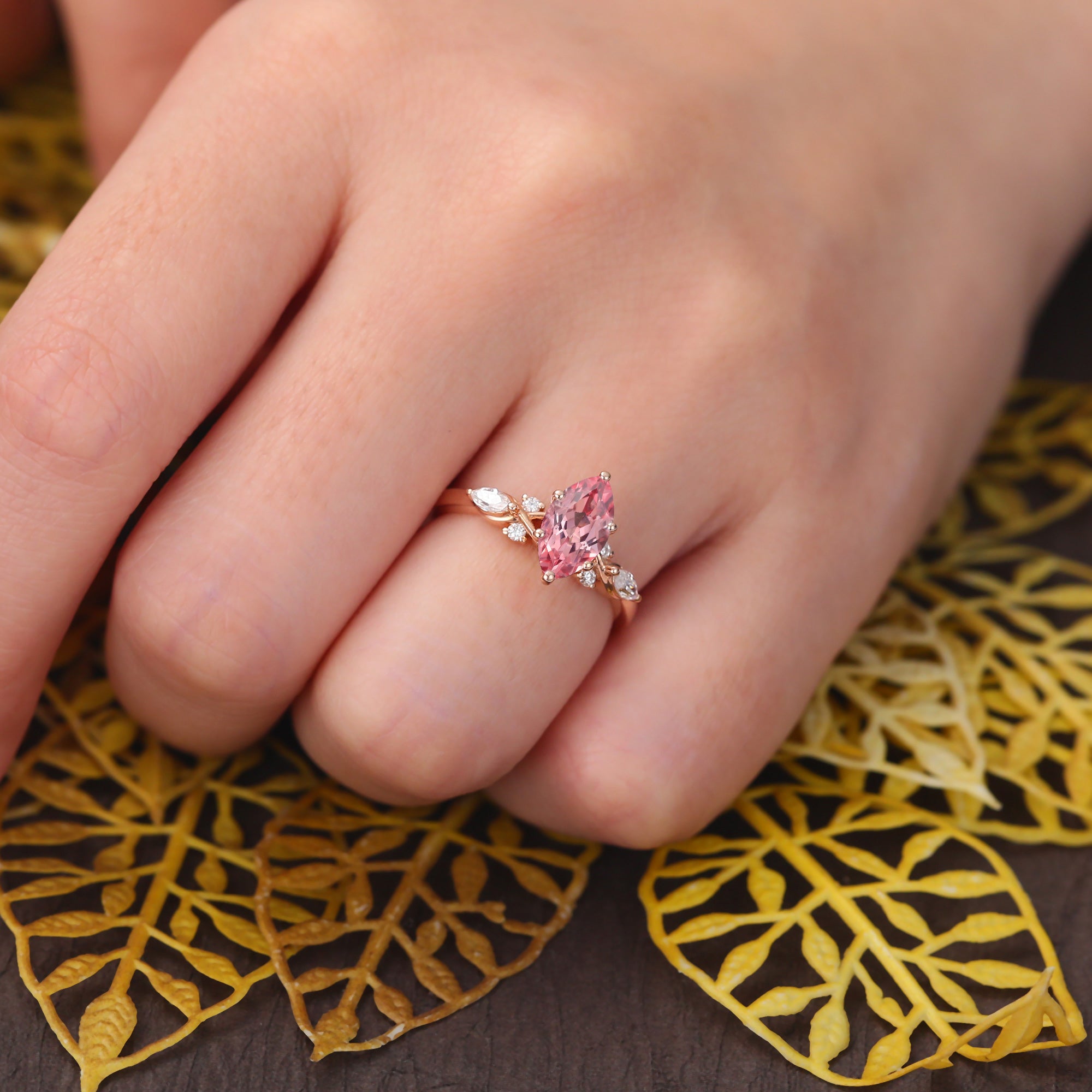 Marquise cut Lab Pink Sapphire engagement ring S925/10k/14k/18k gold.