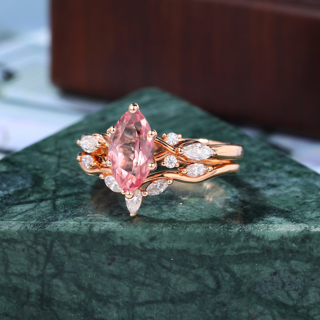 Vintage Marquise Lab Pink Sapphire rose gold Engagement Ring Set,  yellow/white Gold  S925/10k/14k/18k