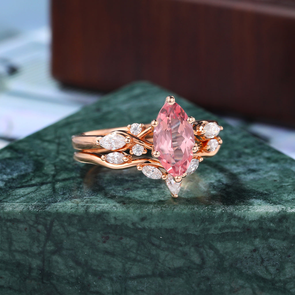 Vintage Marquise Lab Pink Sapphire rose gold Engagement Ring Set,  yellow/white Gold  S925/10k/14k/18k