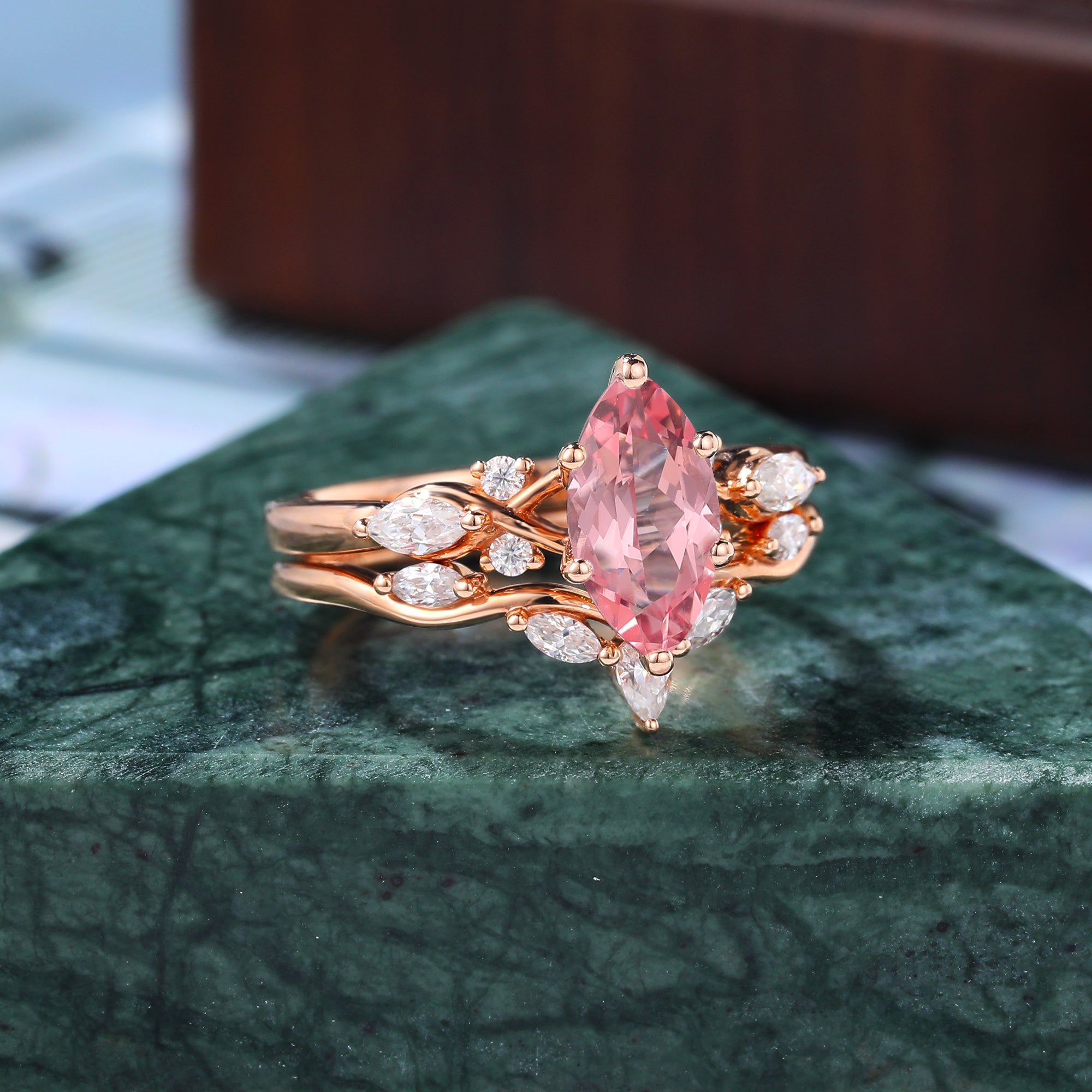 Vintage Marquise Lab Pink Sapphire rose gold Engagement Ring Set,  yellow/white Gold  S925/10k/14k/18k