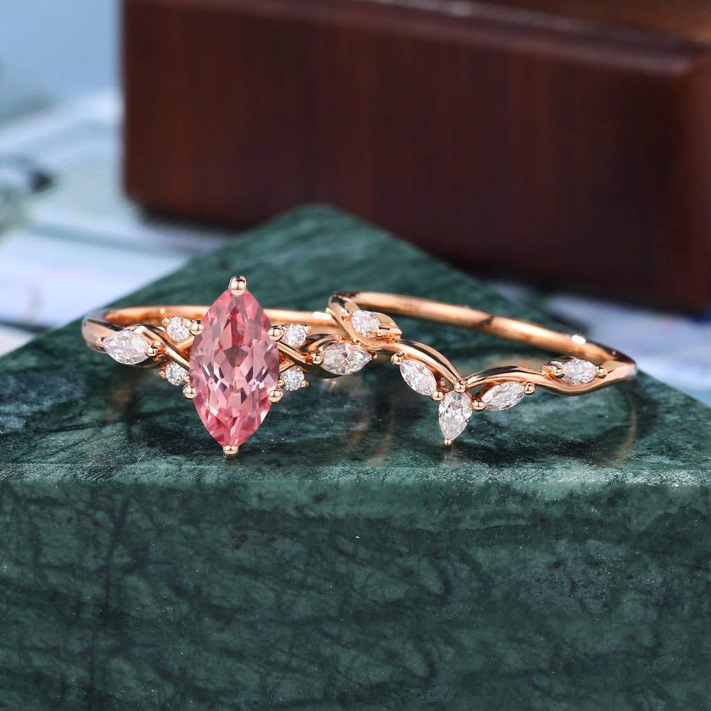 Vintage Marquise Lab Pink Sapphire rose gold Engagement Ring Set,  yellow/white Gold  S925/10k/14k/18k