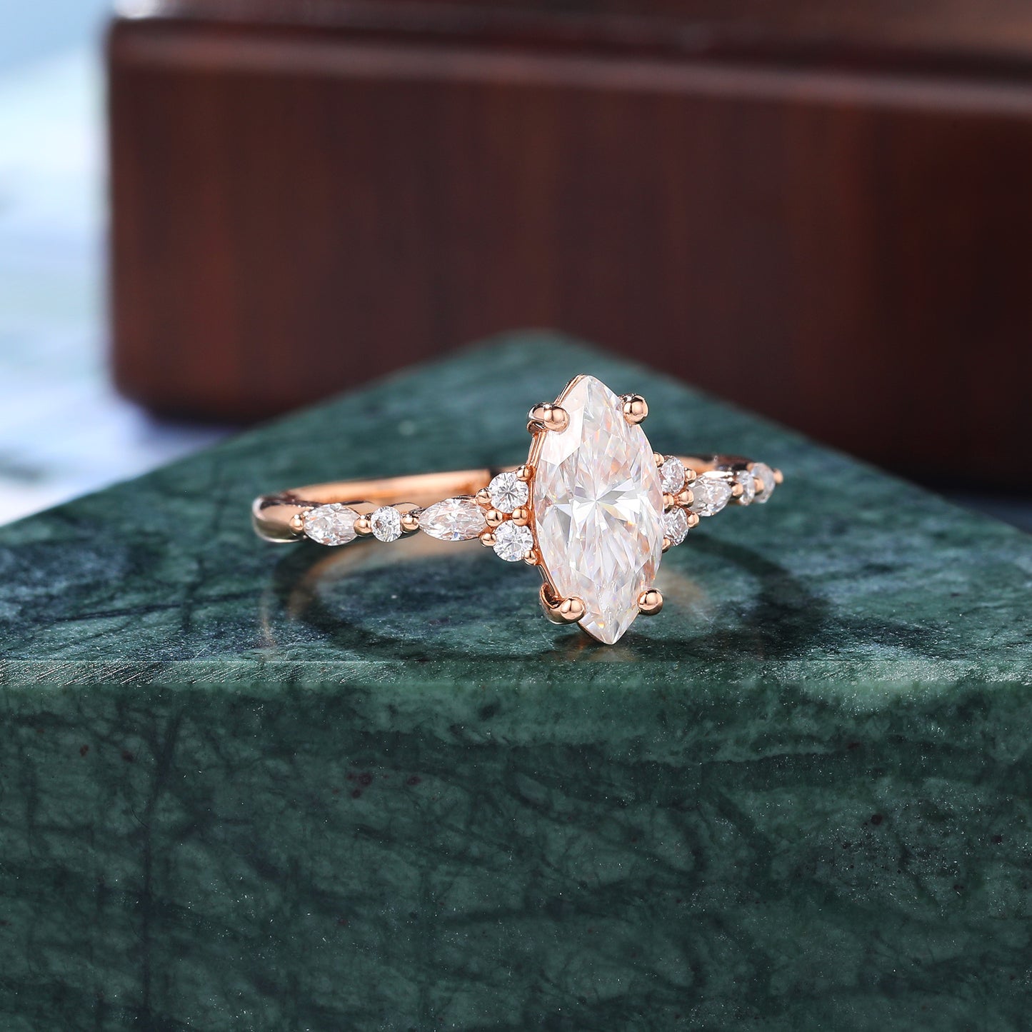 1.0ct Marquise cut moissanite engagement ring vintage rose gold ring unique moissanite ring prong set anniversary promise bridal ring .