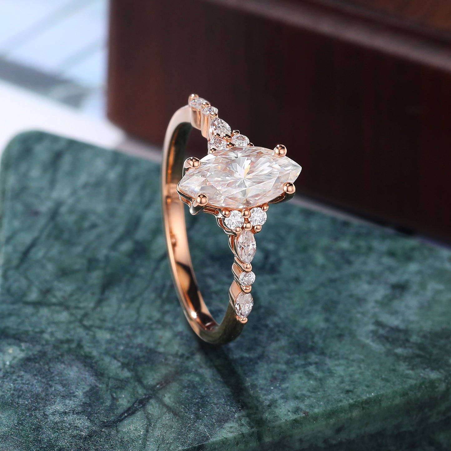 1.0ct Marquise cut moissanite engagement ring vintage rose gold ring unique moissanite ring prong set anniversary promise bridal ring .