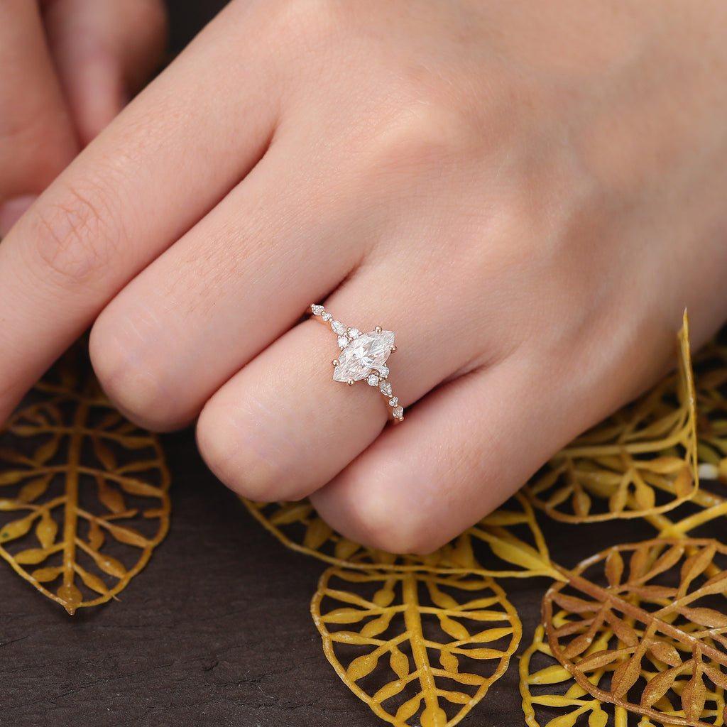 1.0ct Marquise cut Lab-grown Diamond engagement ring vintage rose gold ring unique moissanite ring prong set anniversary promise bridal ring