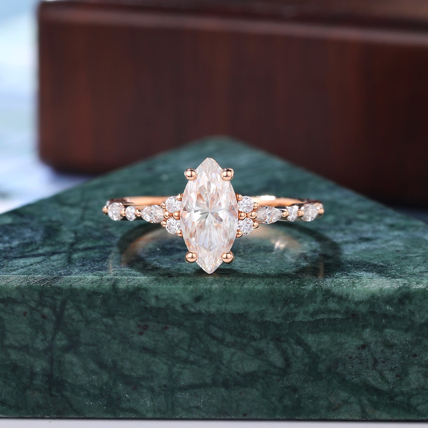 1.0ct Marquise cut moissanite engagement ring vintage rose gold ring unique moissanite ring prong set anniversary promise bridal ring .