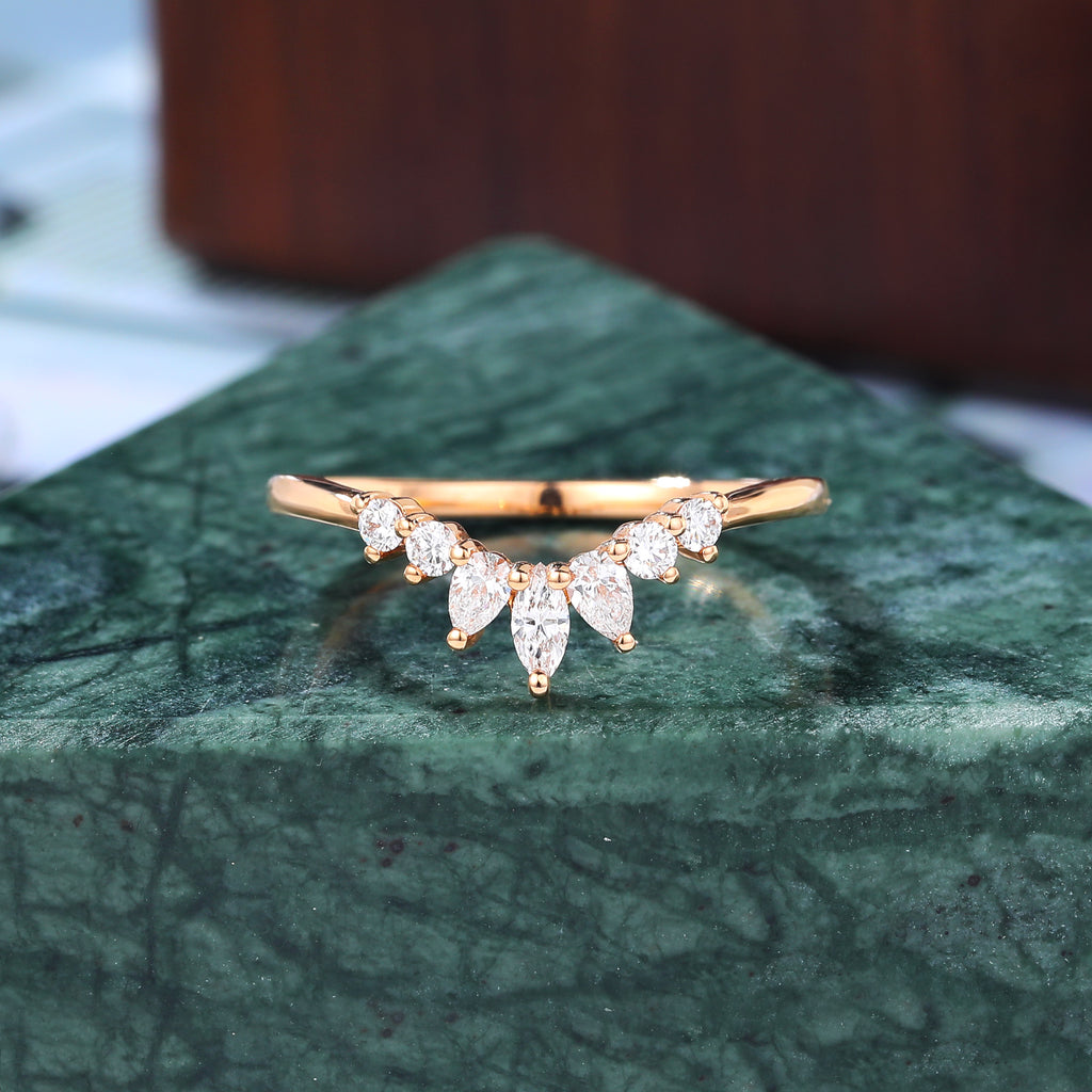 Curved moissanite wedding band women vintage rose gold ring unique Marquise S925/10K/14K/18K gold