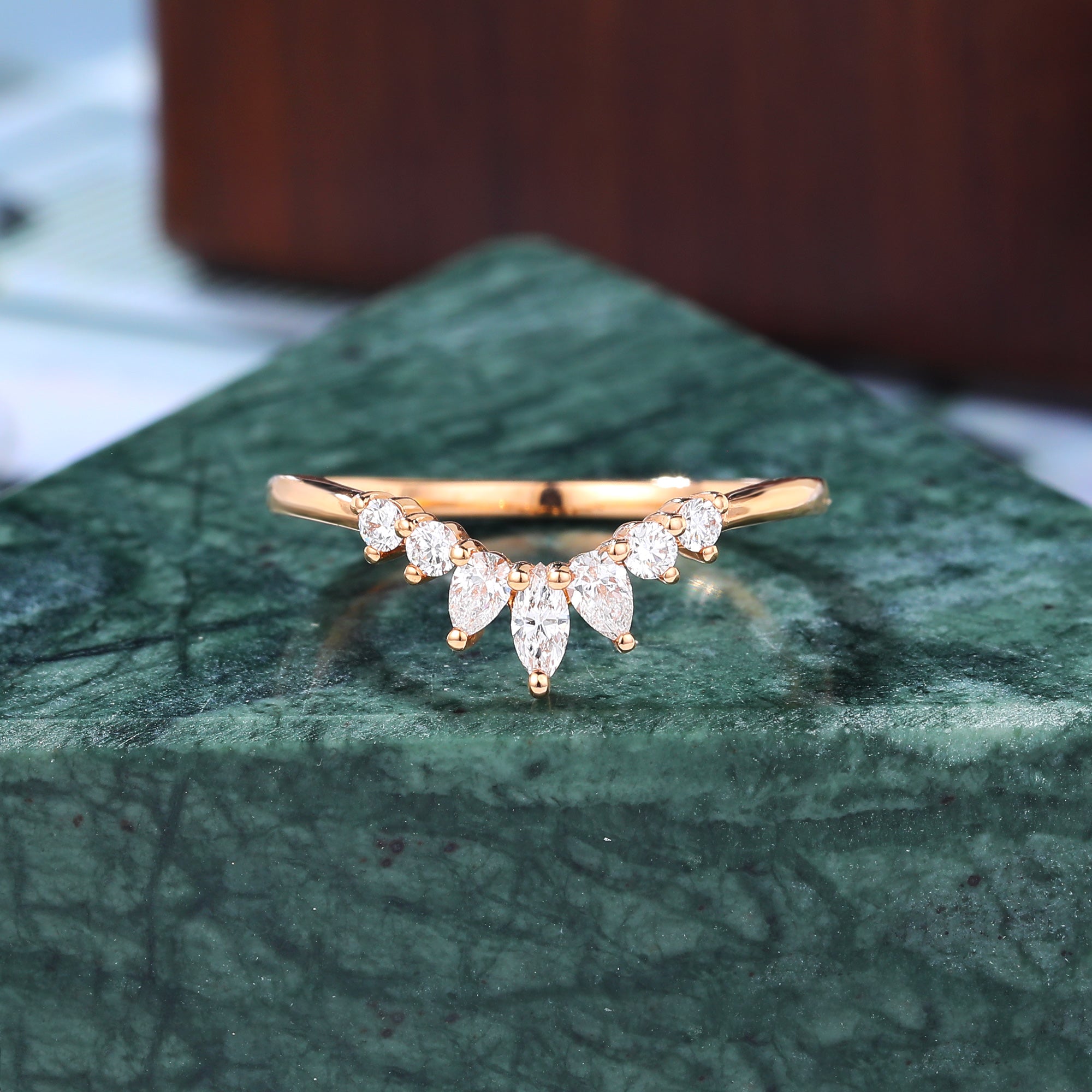 Curved moissanite wedding band women vintage rose gold ring unique Marquise S925/10K/14K/18K gold