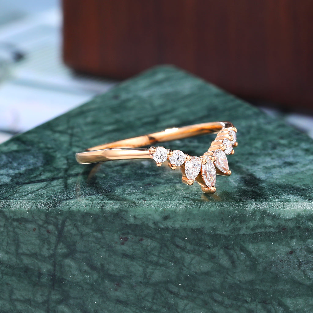 Curved moissanite wedding band women vintage rose gold ring unique Marquise S925/10K/14K/18K gold