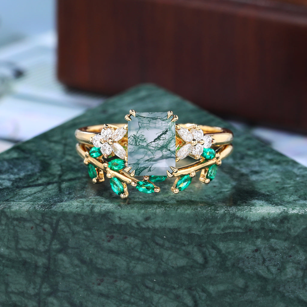 Emerald cut Moss agate yellow gold wedding ring set unique 925silver rose gold/white gold/yellow gold wedding ring 10k/14k/18k gold.