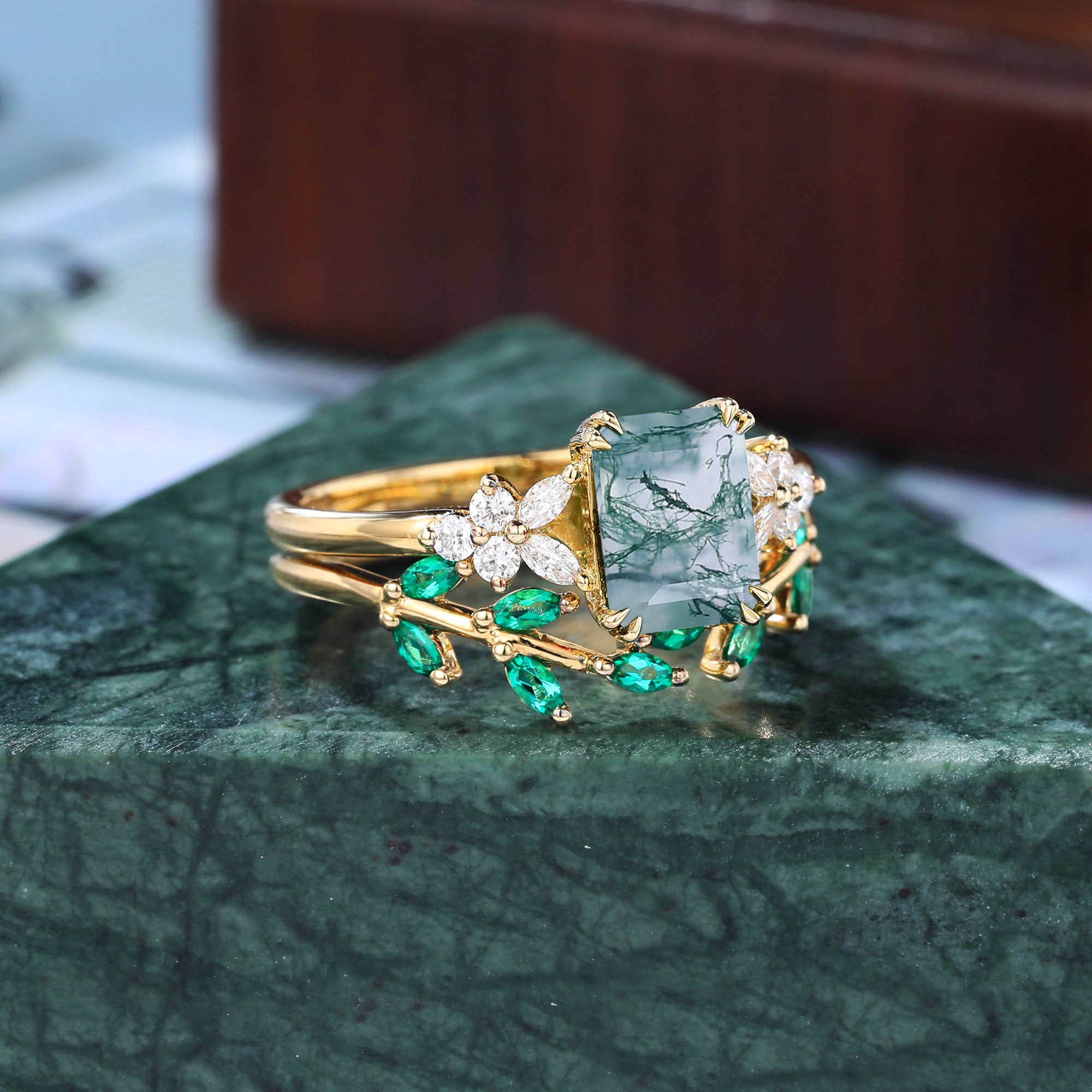 Emerald cut Moss agate yellow gold wedding ring set unique 925silver rose gold/white gold/yellow gold wedding ring 10k/14k/18k gold.