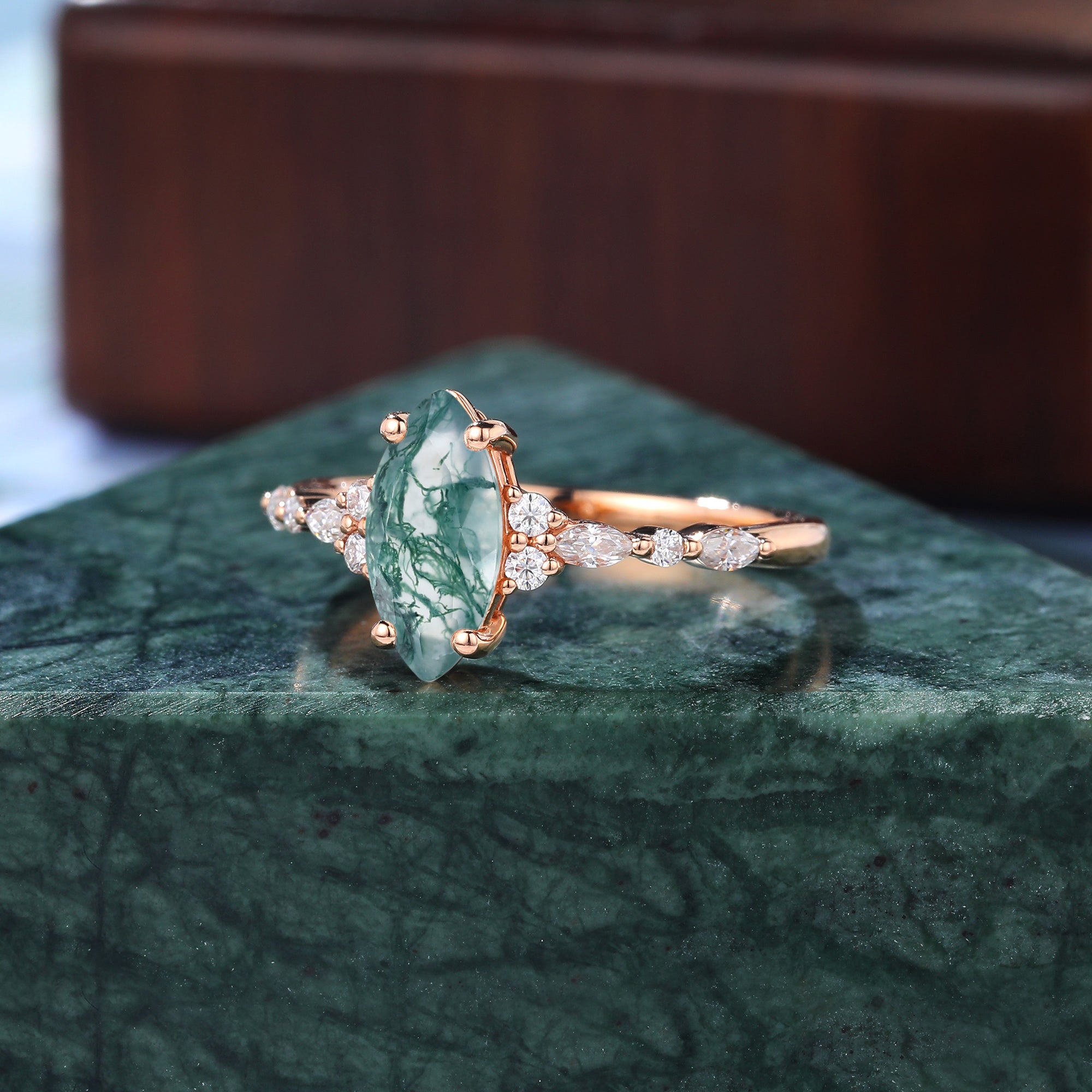 Marquise cut Moss agate engagement ring S925/10k/14k/18k , unique bridal ring rose/white/yellow gold