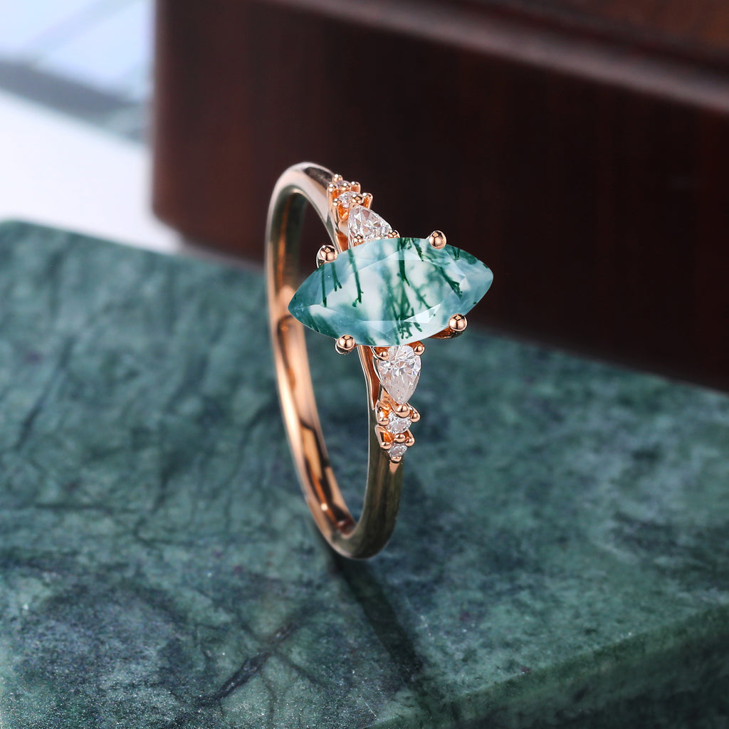 Marquise cut Moss agate rose gold engagement ring S925/10k/14k/18k gold