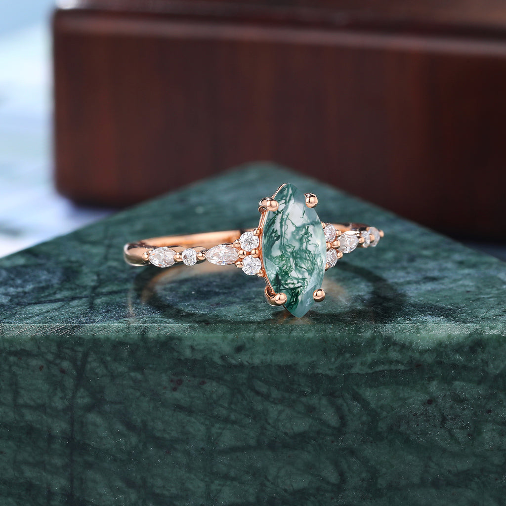 Marquise cut Moss agate engagement ring S925/10k/14k/18k , unique bridal ring rose/white/yellow gold