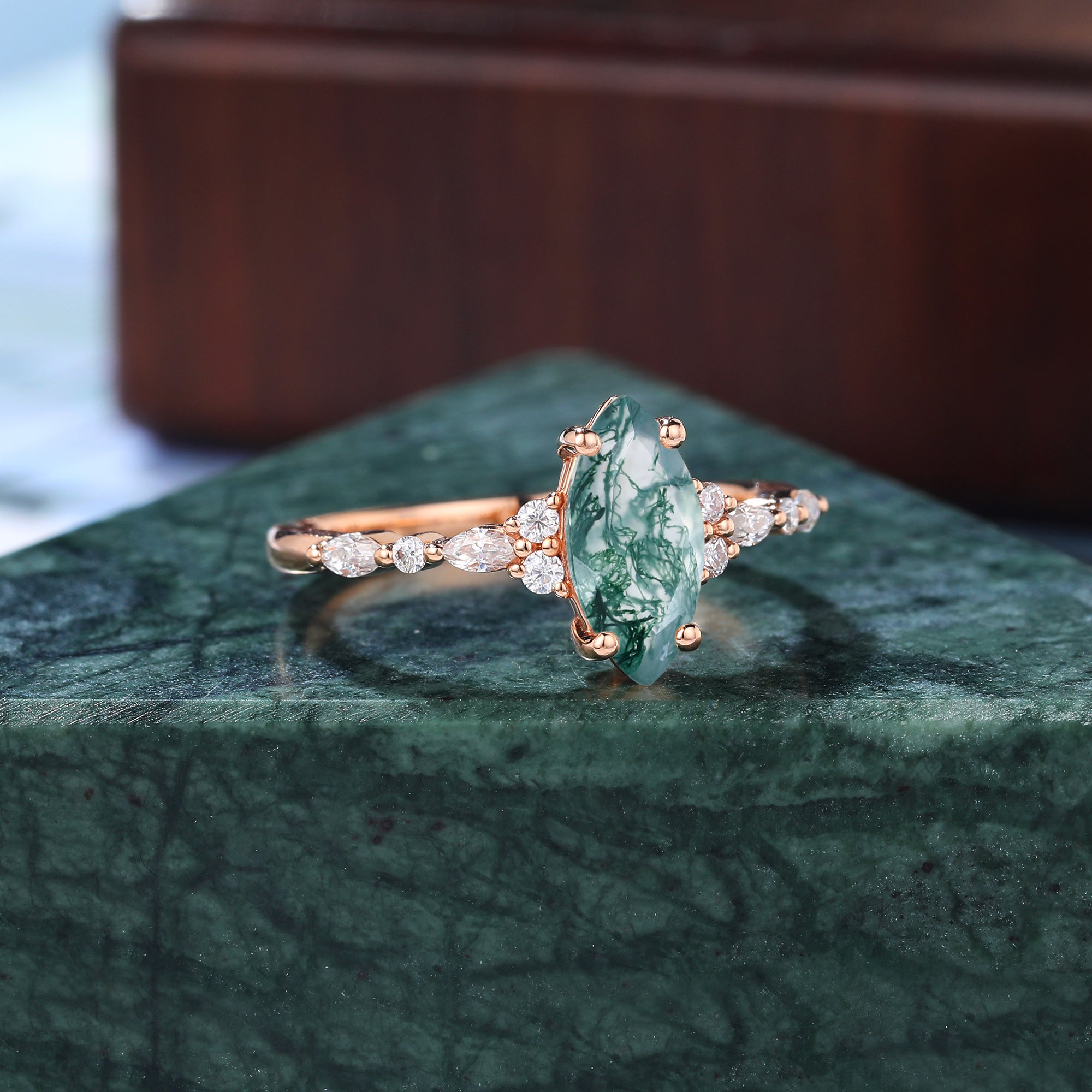 Marquise cut Moss agate engagement ring S925/10k/14k/18k , unique bridal ring rose/white/yellow gold