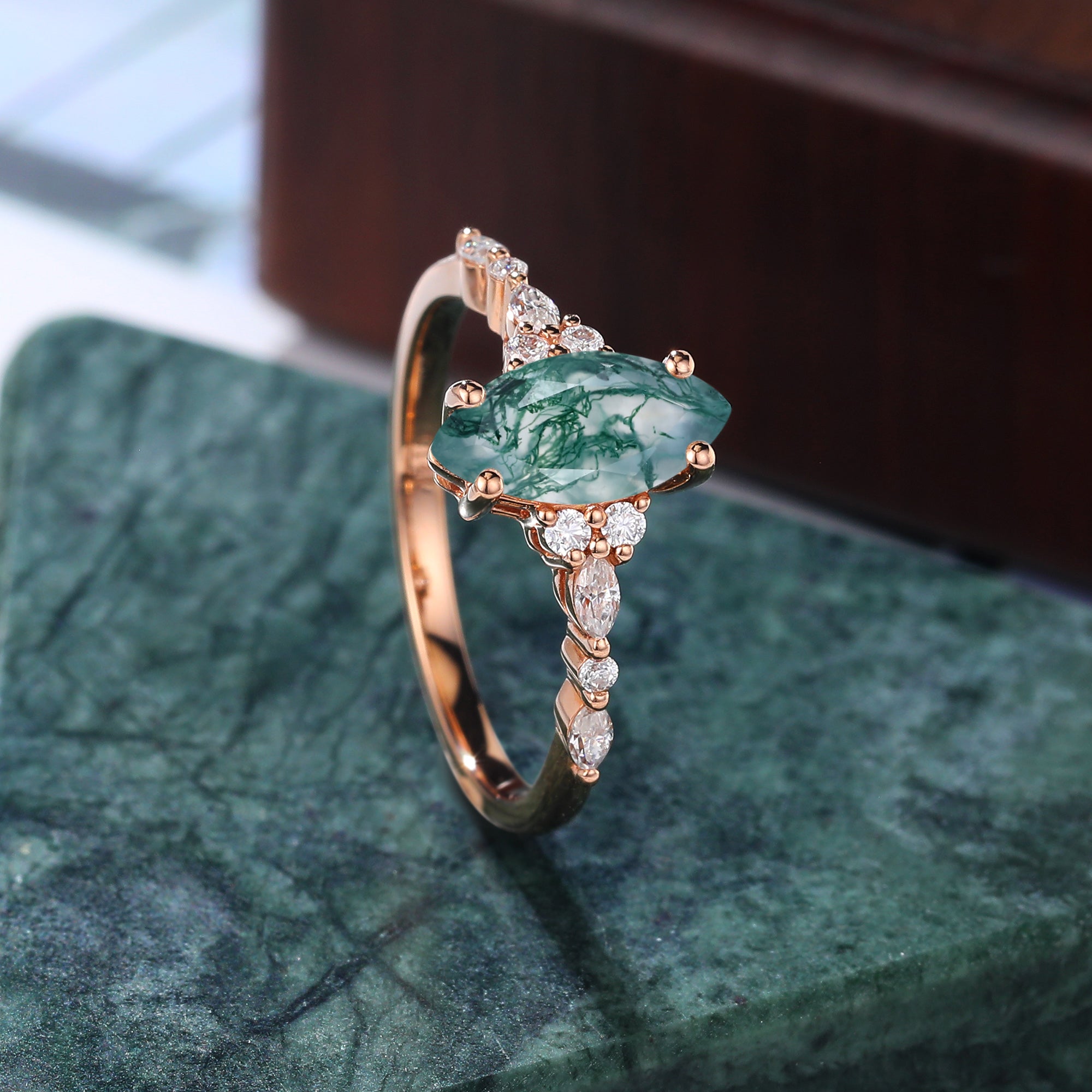 Marquise cut Moss agate engagement ring S925/10k/14k/18k , unique bridal ring rose/white/yellow gold