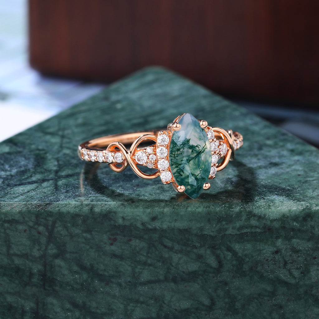 Marquise cut Moss agate engagement ring S925/10k/14k/18k gold ring, unique bridal ring