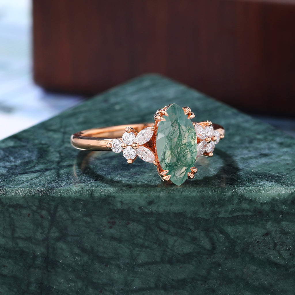 Marquise cut Moss agate yellow gold engagement ring S925/10k/14k/18k gold , unique bridal ring rose/white/yellow gold