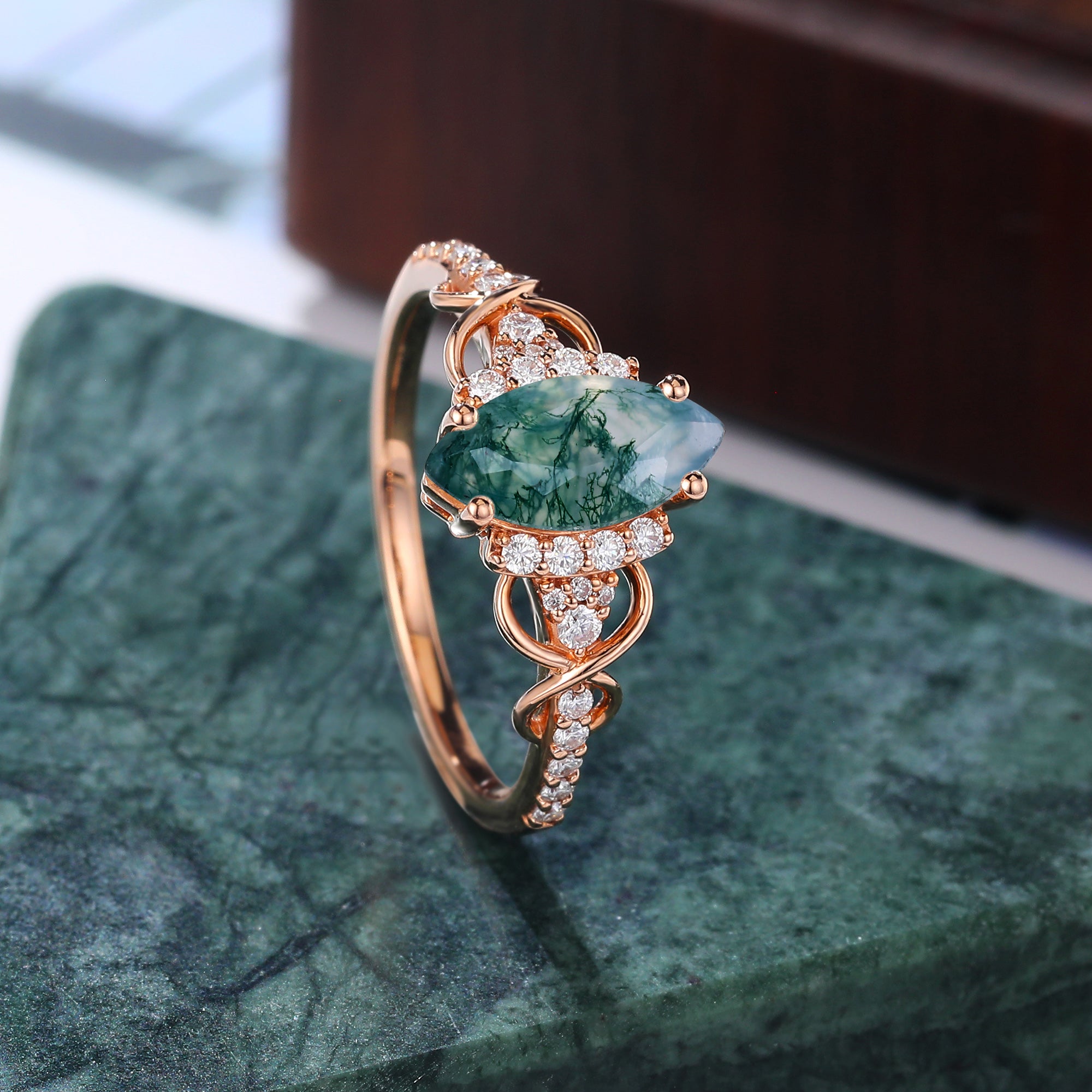 Marquise cut Moss agate engagement ring S925/10k/14k/18k gold ring, unique bridal ring