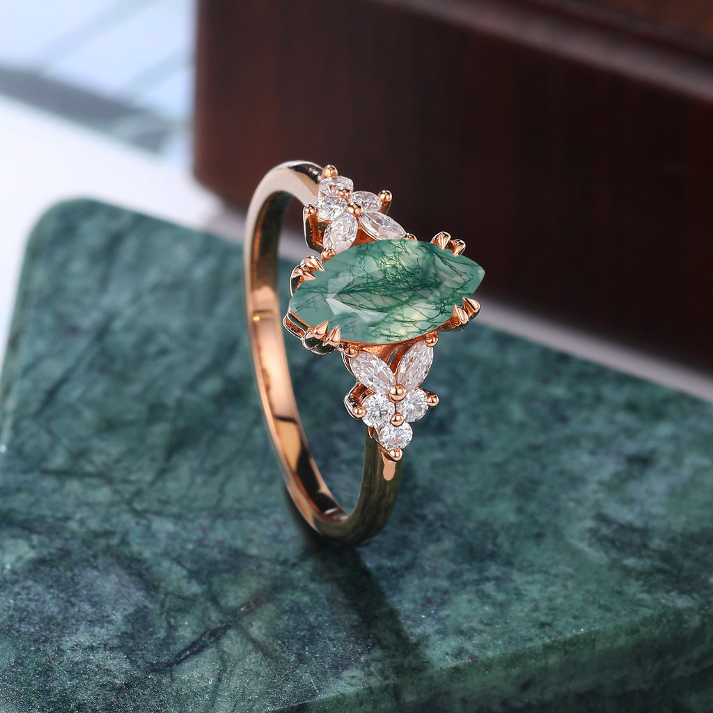 Marquise cut Moss agate yellow gold engagement ring S925/10k/14k/18k gold , unique bridal ring rose/white/yellow gold