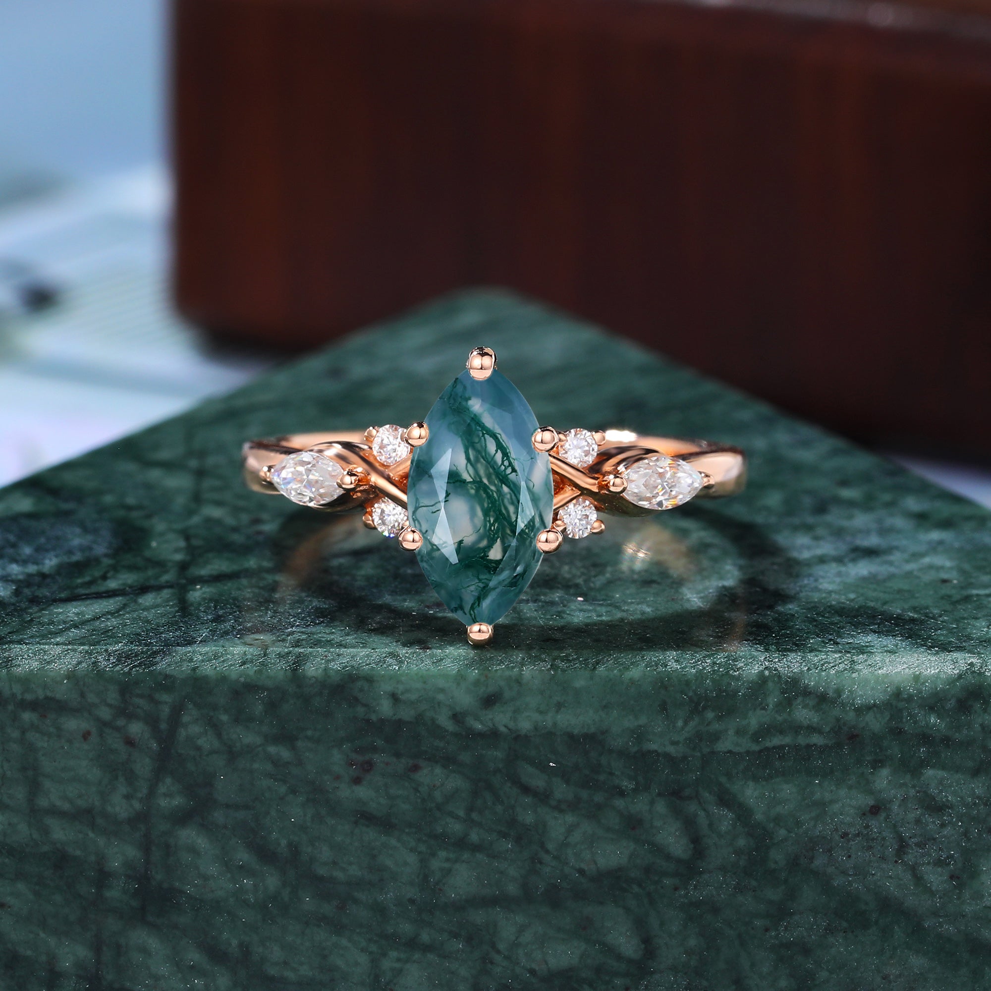 Marquise cut Moss agate engagement ring S925/10k/14k/18k gold. unique bridal ring rose/white/yellow gold