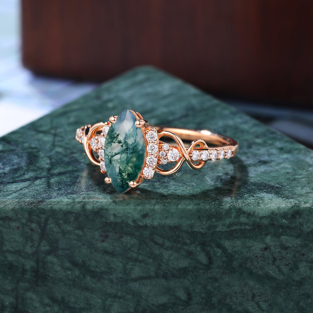Marquise cut Moss agate engagement ring S925/10k/14k/18k gold ring, unique bridal ring