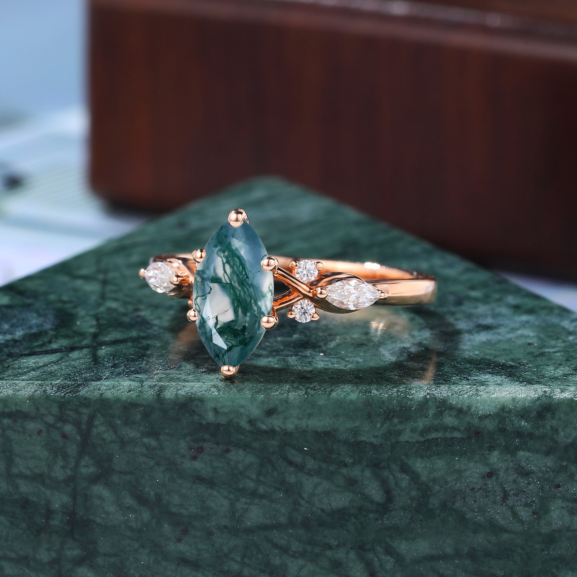 Marquise cut Moss agate engagement ring S925/10k/14k/18k gold. unique bridal ring rose/white/yellow gold