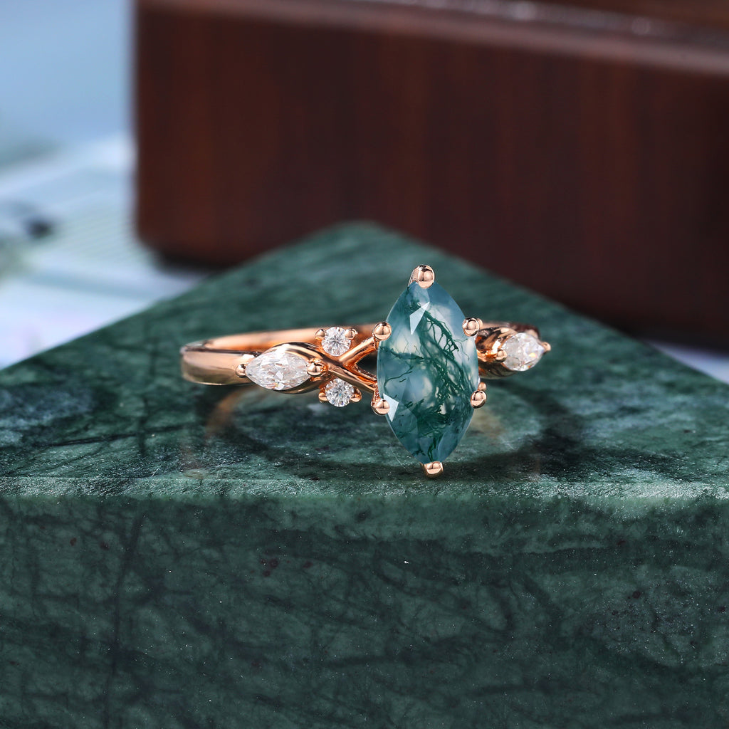 Marquise cut Moss agate engagement ring S925/10k/14k/18k gold. unique bridal ring rose/white/yellow gold